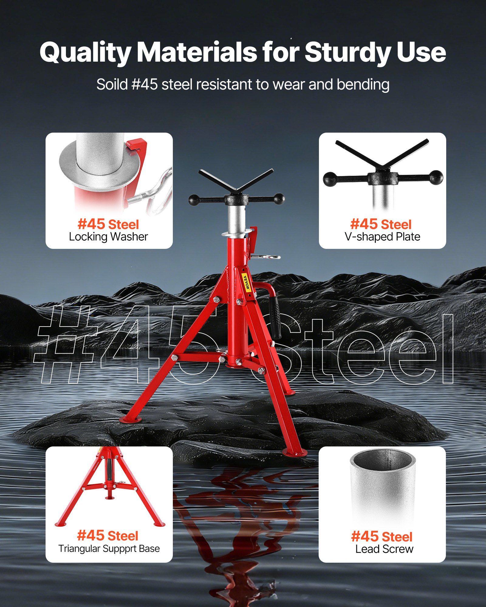 V Head Pipe Stand 0.32 - 30.48 cm Capacity, Adjustable Height 610mm-1067mm, Pipe Jack Stands 1134kg Load Capacity, Portable Folding Pipe Stands, Carbon Steel Body for Enhanced Durability - Image 5