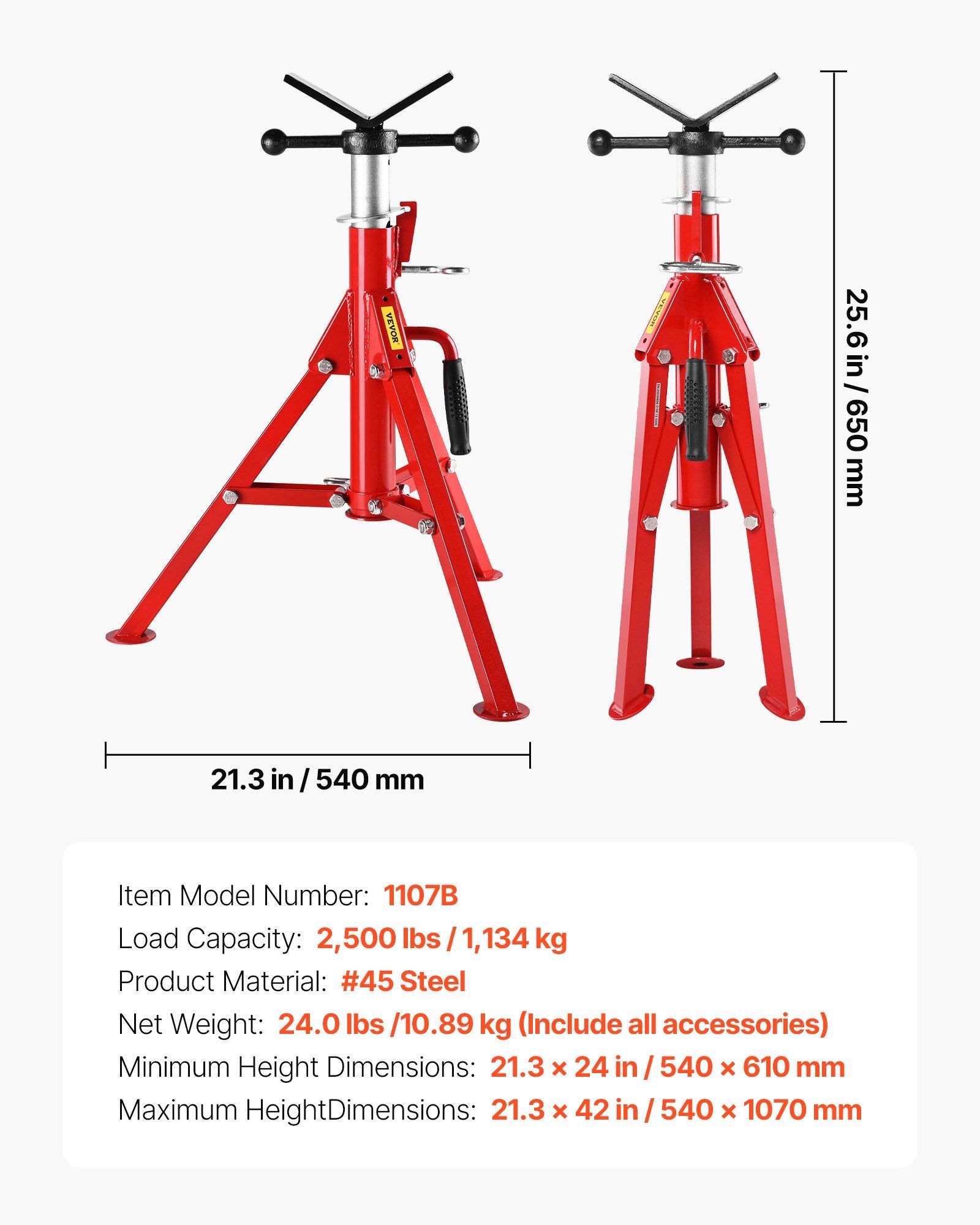 V Head Pipe Stand 0.32 - 30.48 cm Capacity, Adjustable Height 610mm-1067mm, Pipe Jack Stands 1134kg Load Capacity, Portable Folding Pipe Stands, Carbon Steel Body for Enhanced Durability - Image 7
