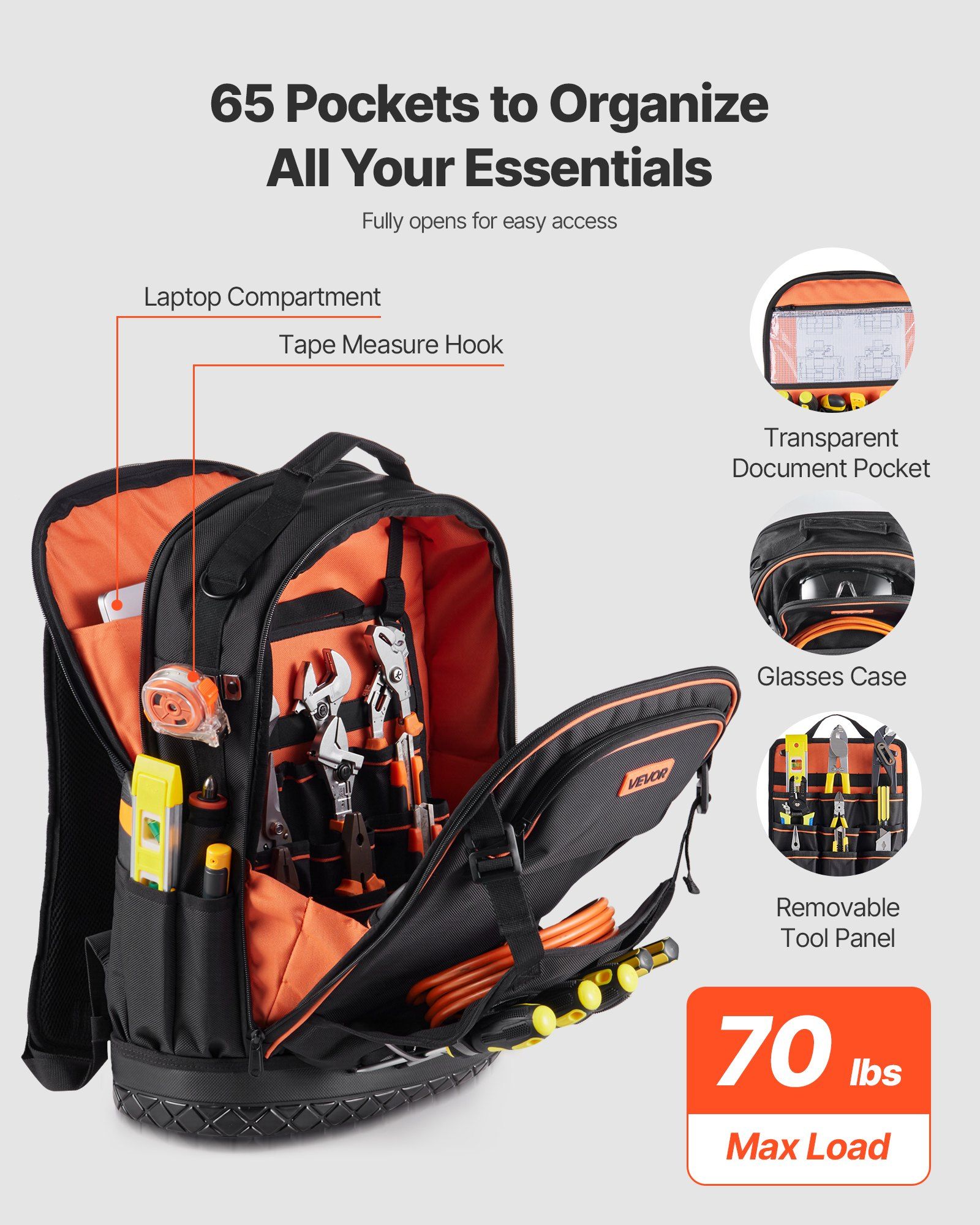 Tool Backpack with Tools, 65 Pockets, Heavy-duty Tools Storage Organizer Bags with Laptop Compartment & Molded Base, Electrician Jobsite Backpack for Electrician, Repairman, and HVAC Techs - Image 2