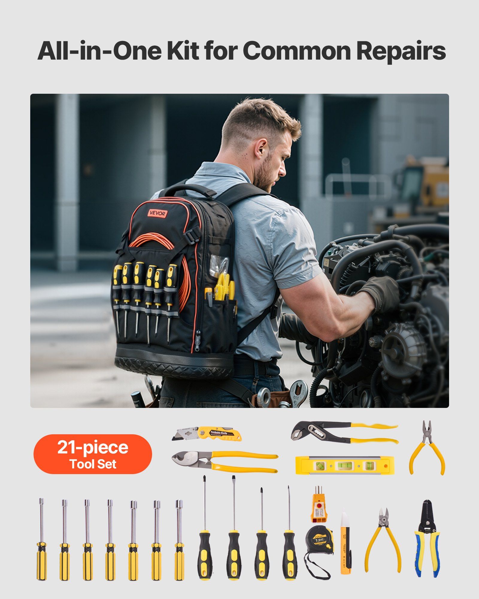 Tool Backpack with Tools, 65 Pockets, Heavy-duty Tools Storage Organizer Bags with Laptop Compartment & Molded Base, Electrician Jobsite Backpack for Electrician, Repairman, and HVAC Techs - Image 3