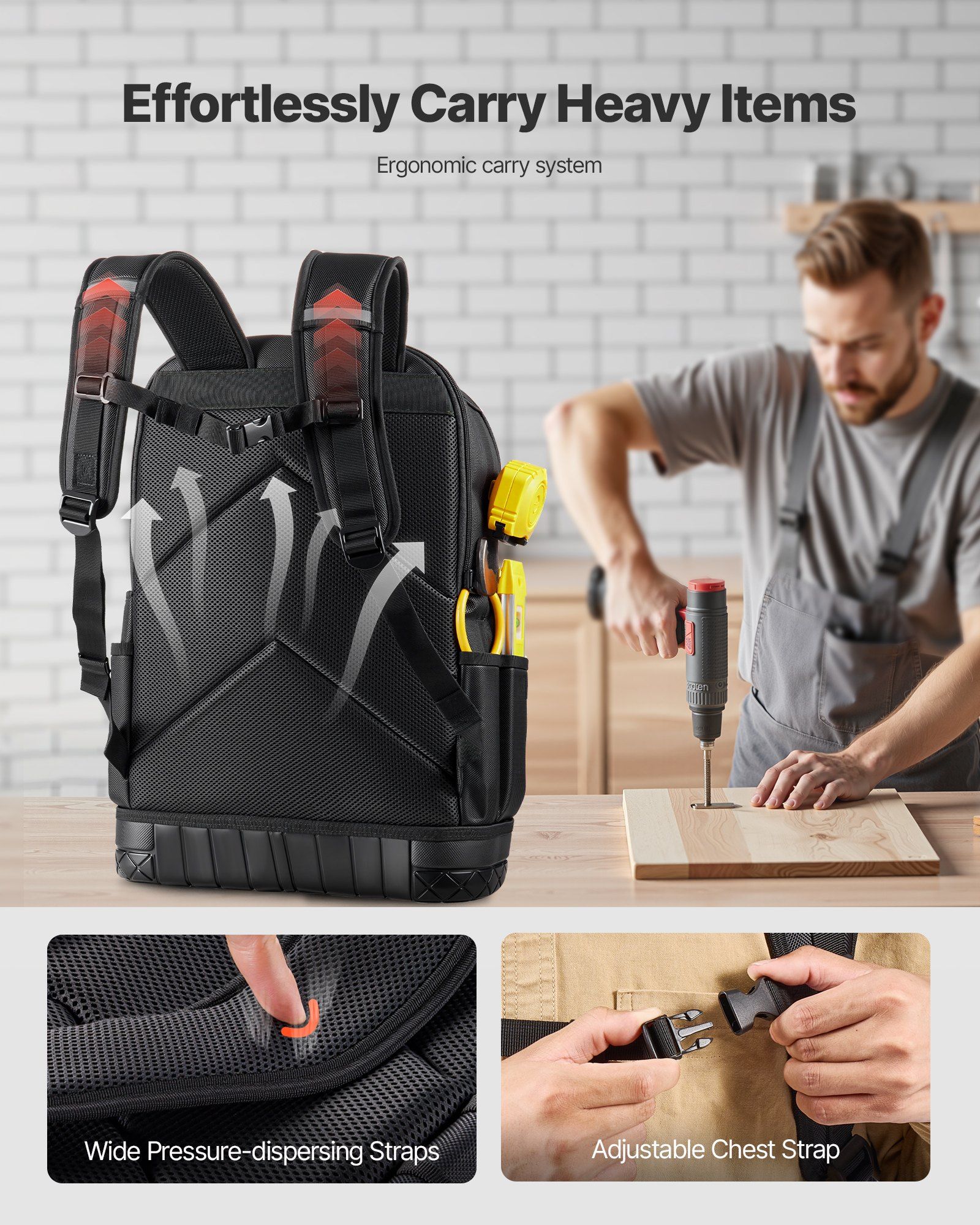 Tool Backpack with Tools, 65 Pockets, Heavy-duty Tools Storage Organizer Bags with Laptop Compartment & Molded Base, Electrician Jobsite Backpack for Electrician, Repairman, and HVAC Techs - Image 5