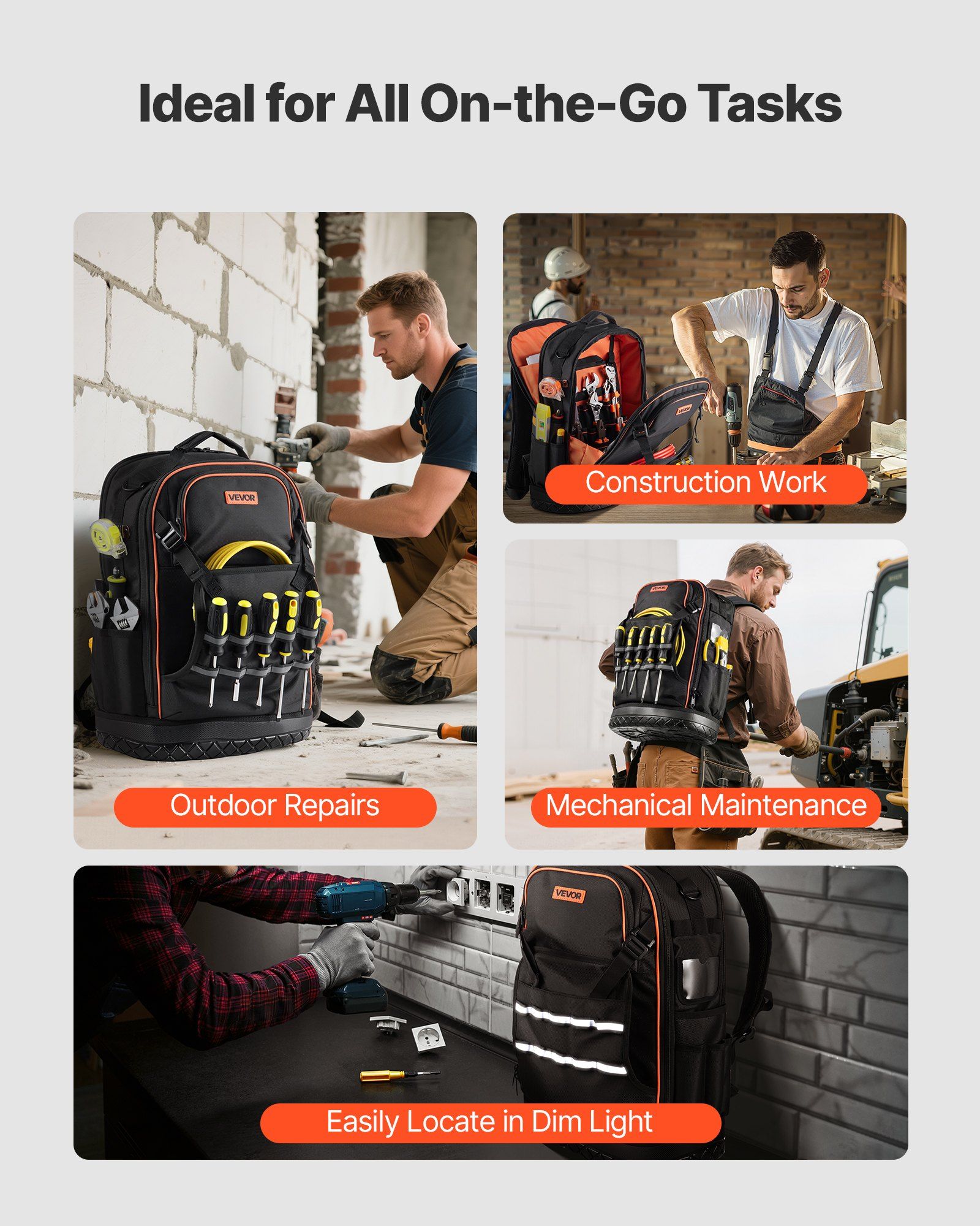 Tool Backpack with Tools, 65 Pockets, Heavy-duty Tools Storage Organizer Bags with Laptop Compartment & Molded Base, Electrician Jobsite Backpack for Electrician, Repairman, and HVAC Techs - Image 6