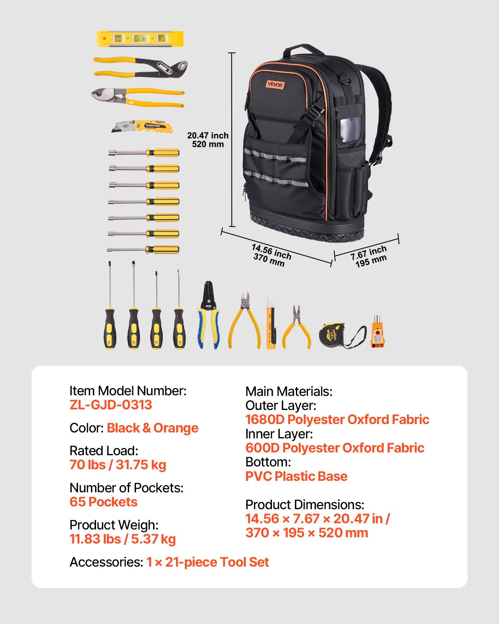 Tool Backpack with Tools, 65 Pockets, Heavy-duty Tools Storage Organizer Bags with Laptop Compartment & Molded Base, Electrician Jobsite Backpack for Electrician, Repairman, and HVAC Techs - Image 7