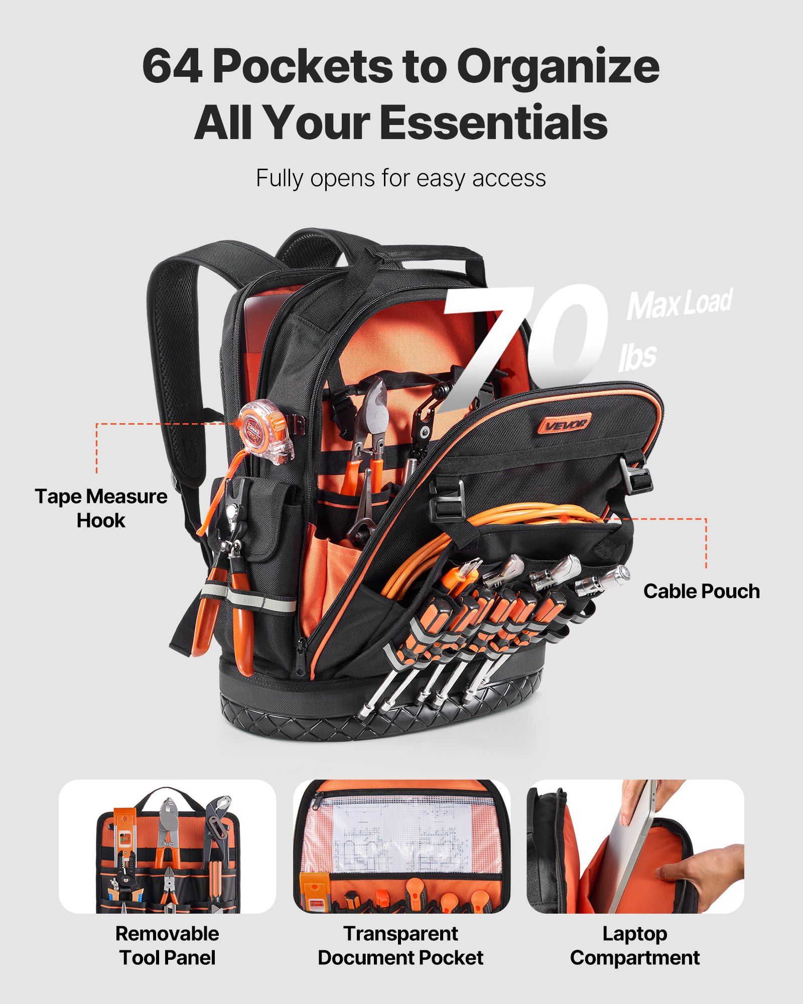 Tool Backpack, 64 Pockets, Heavy-duty Tools Storage Organizer Work Bags with Laptop Compartment & Molded Base, Electrician Jobsite Backpack for Electrician, Repairman, and HVAC Techs - Image 2