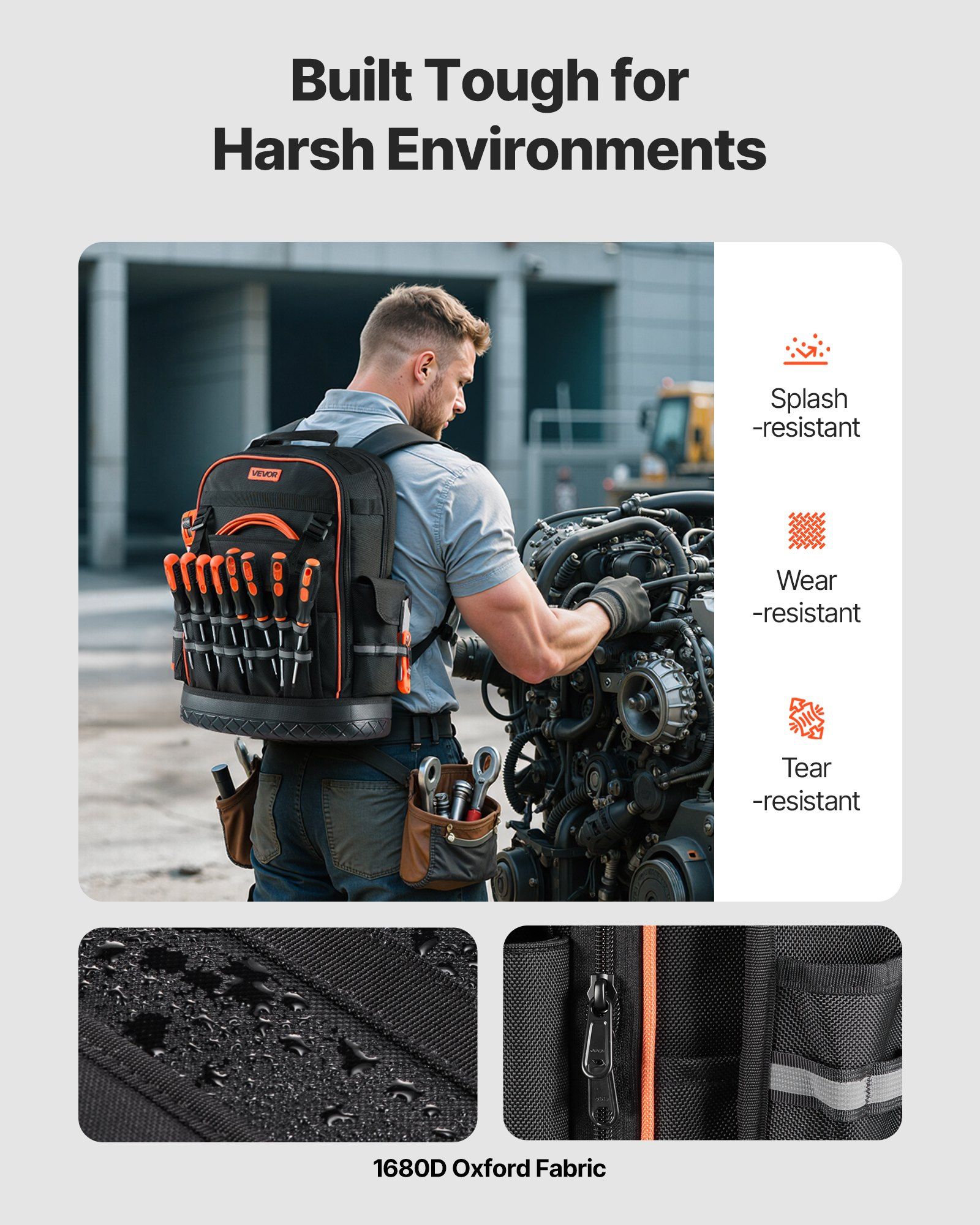 Tool Backpack, 64 Pockets, Heavy-duty Tools Storage Organizer Work Bags with Laptop Compartment & Molded Base, Electrician Jobsite Backpack for Electrician, Repairman, and HVAC Techs - Image 3