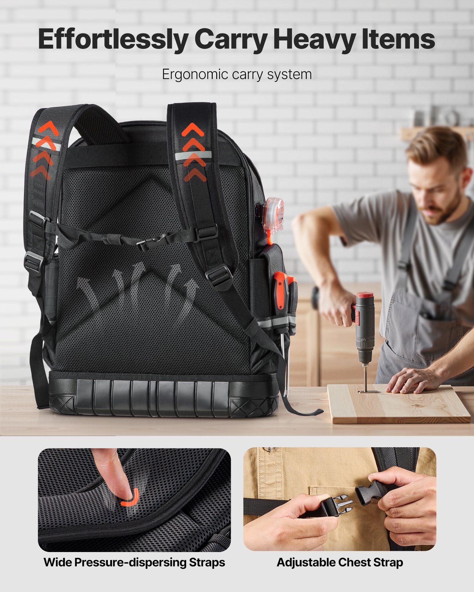 Tool Backpack, 64 Pockets, Heavy-duty Tools Storage Organizer Work Bags with Laptop Compartment & Molded Base, Electrician Jobsite Backpack for Electrician, Repairman, and HVAC Techs - Image 4