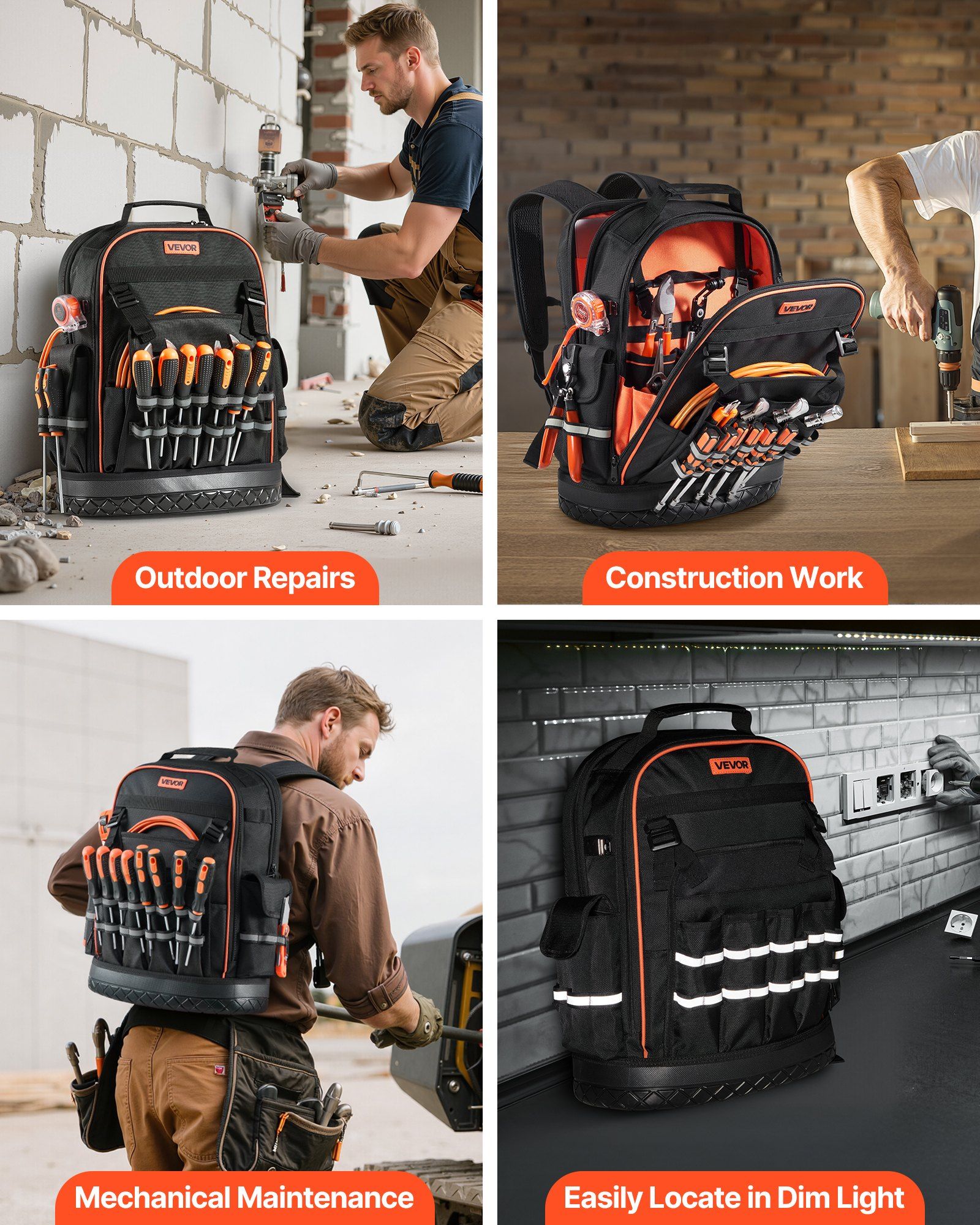 Tool Backpack, 64 Pockets, Heavy-duty Tools Storage Organizer Work Bags with Laptop Compartment & Molded Base, Electrician Jobsite Backpack for Electrician, Repairman, and HVAC Techs - Image 6