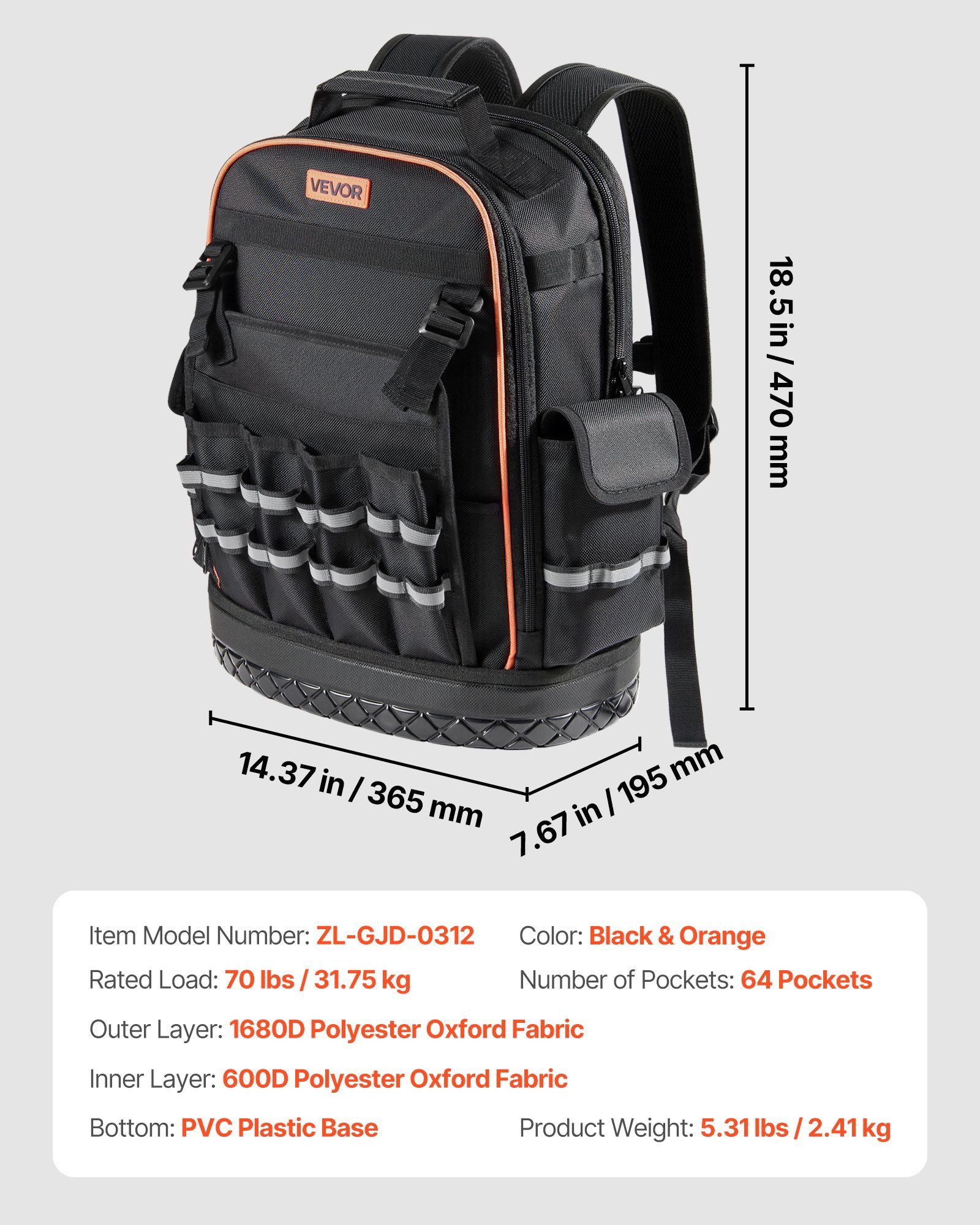 Tool Backpack, 64 Pockets, Heavy-duty Tools Storage Organizer Work Bags with Laptop Compartment & Molded Base, Electrician Jobsite Backpack for Electrician, Repairman, and HVAC Techs - Image 7