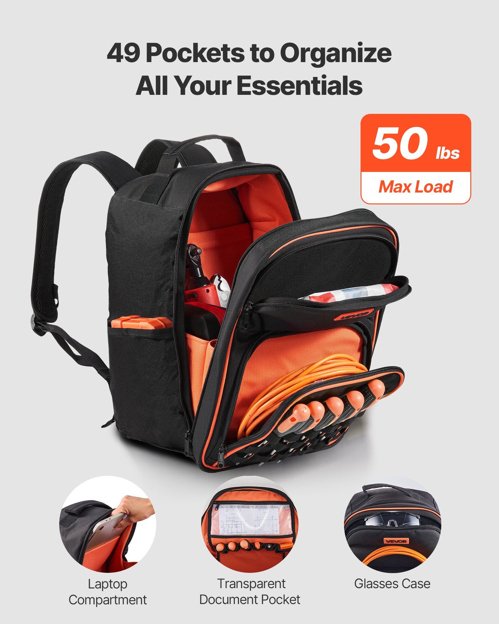 Tool Backpack, 49 Pockets, Heavy-duty Tools Storage Organizer Work Bags with Laptop Compartment & Reinforced Fabric Base, Electrician Jobsite Backpack for Electrician, Repairman - Image 2