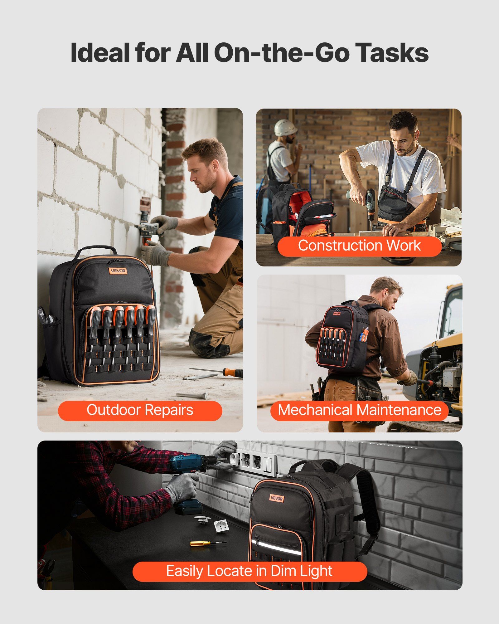 Tool Backpack, 49 Pockets, Heavy-duty Tools Storage Organizer Work Bags with Laptop Compartment & Reinforced Fabric Base, Electrician Jobsite Backpack for Electrician, Repairman - Image 6