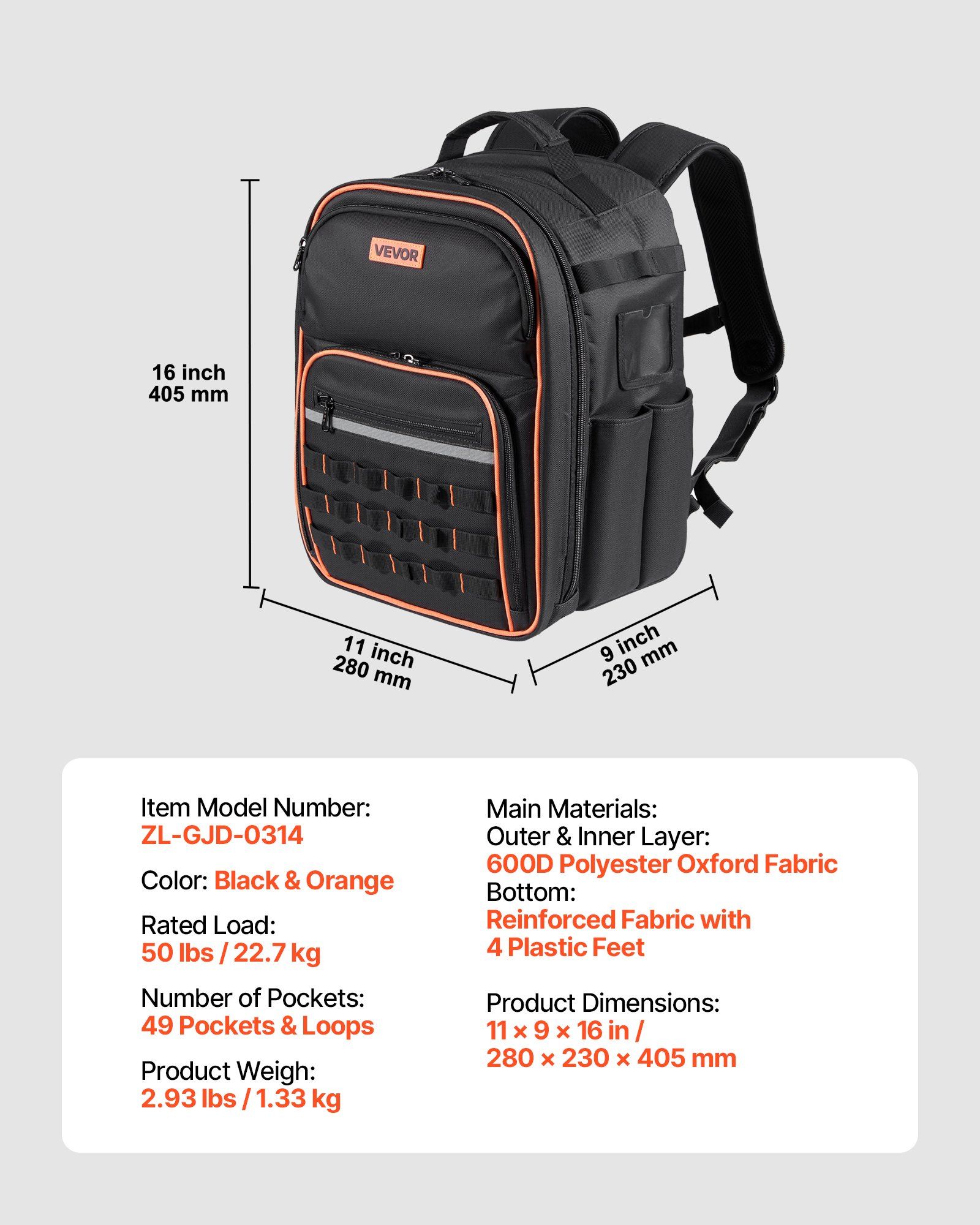 Tool Backpack, 49 Pockets, Heavy-duty Tools Storage Organizer Work Bags with Laptop Compartment & Reinforced Fabric Base, Electrician Jobsite Backpack for Electrician, Repairman - Image 7