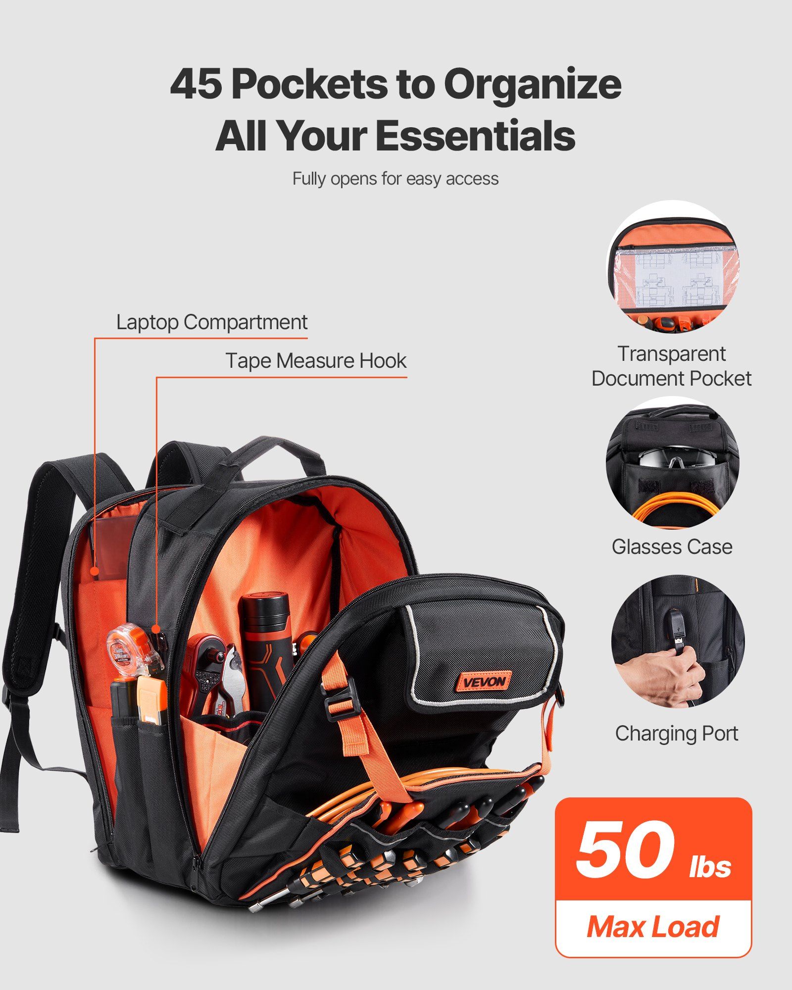 Tool Backpack, 45 Pockets, Heavy-duty Tools Storage Organizer Work Bags with Laptop Compartment & Reinforced Fabric Basee, Electrician Jobsite Backpack for Electrician, Repairman - Image 2