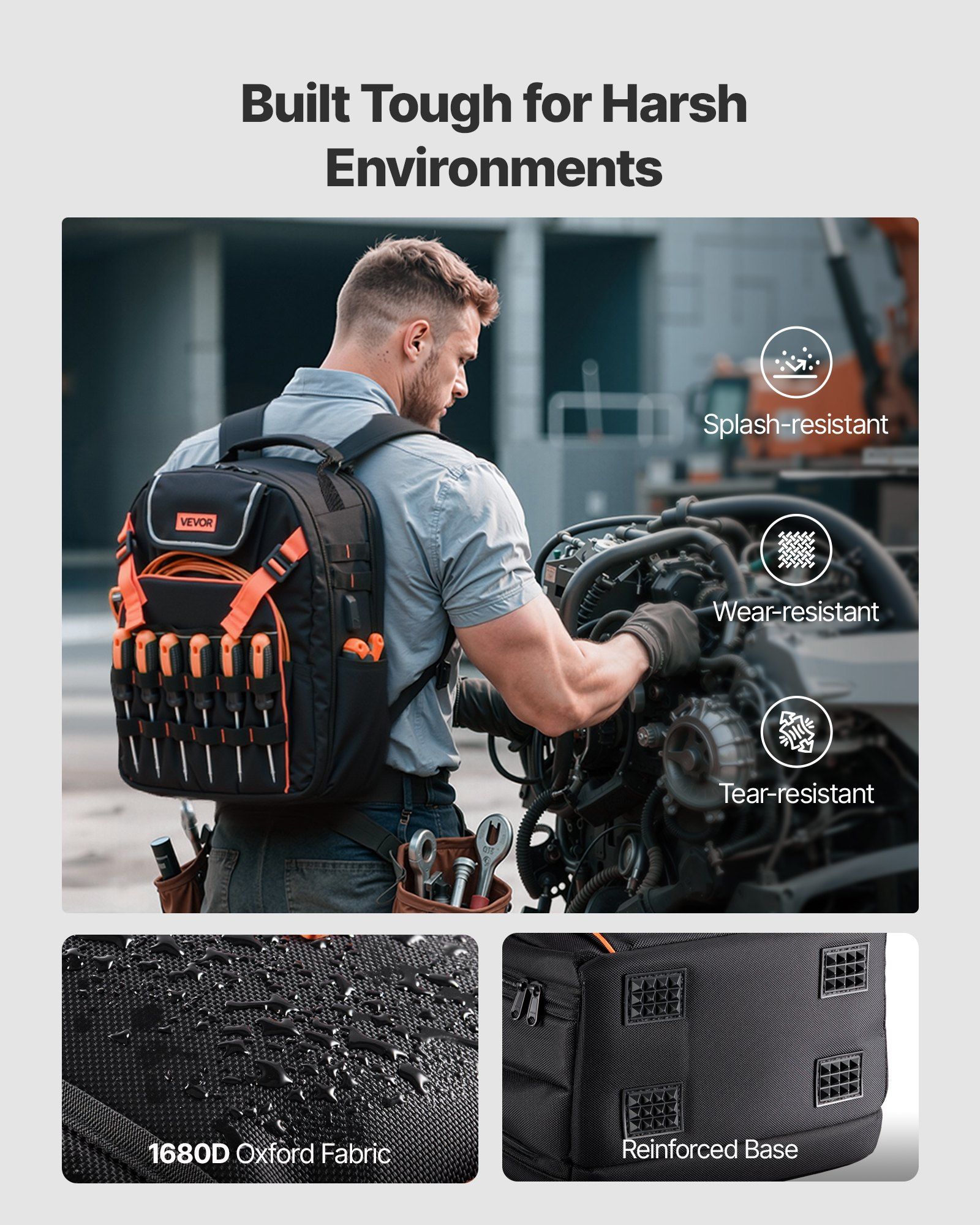 Tool Backpack, 45 Pockets, Heavy-duty Tools Storage Organizer Work Bags with Laptop Compartment & Reinforced Fabric Basee, Electrician Jobsite Backpack for Electrician, Repairman - Image 3