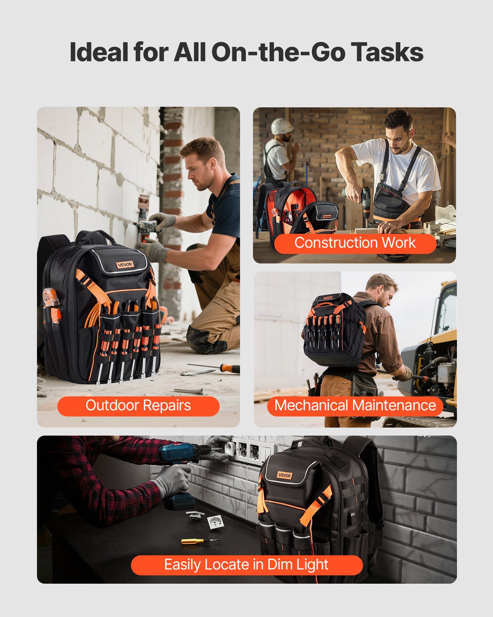 Tool Backpack, 45 Pockets, Heavy-duty Tools Storage Organizer Work Bags with Laptop Compartment & Reinforced Fabric Basee, Electrician Jobsite Backpack for Electrician, Repairman - Image 6