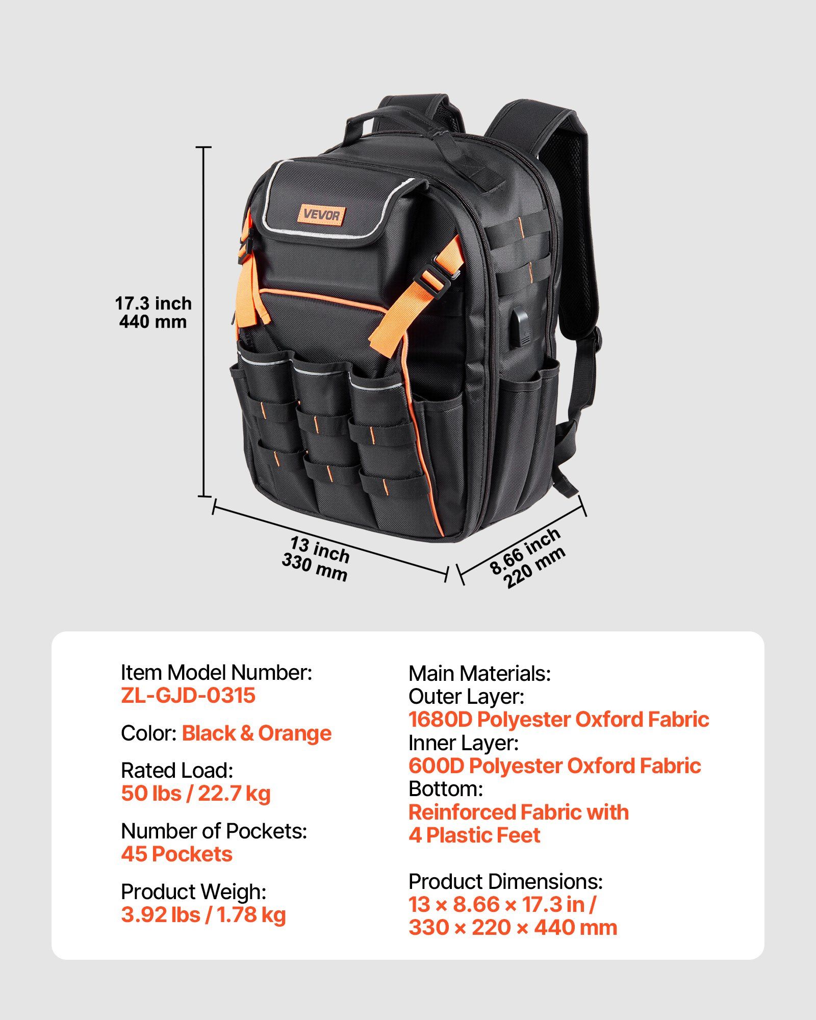 Tool Backpack, 45 Pockets, Heavy-duty Tools Storage Organizer Work Bags with Laptop Compartment & Reinforced Fabric Basee, Electrician Jobsite Backpack for Electrician, Repairman - Image 7