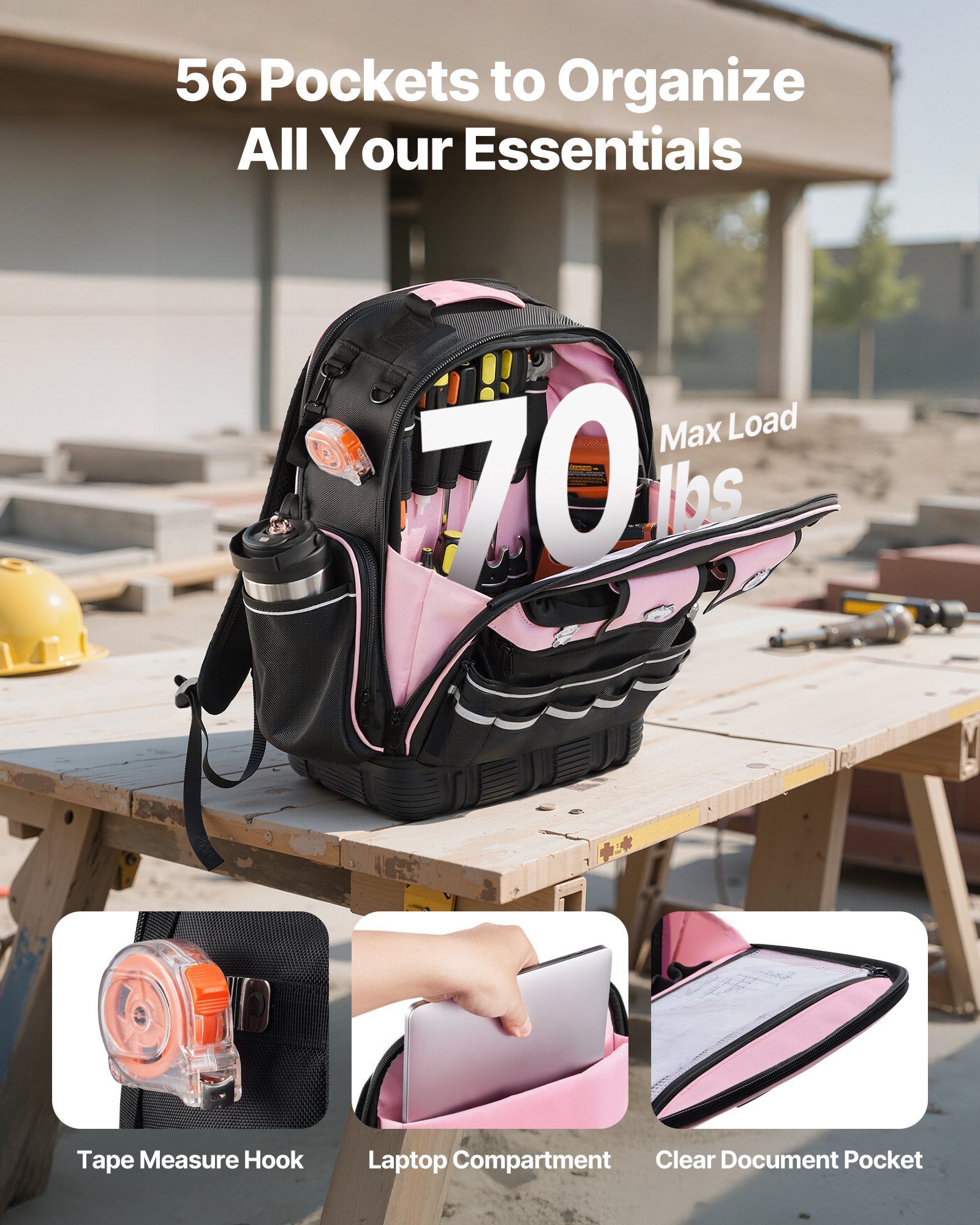 Tool Backpack, 56 Pockets, Heavy-duty Tools Storage Organizer Work Bags with Laptop Compartment & Molded Base, Electrician Jobsite Backpack for Electrician, Repairman, and HVAC Techs - Image 2
