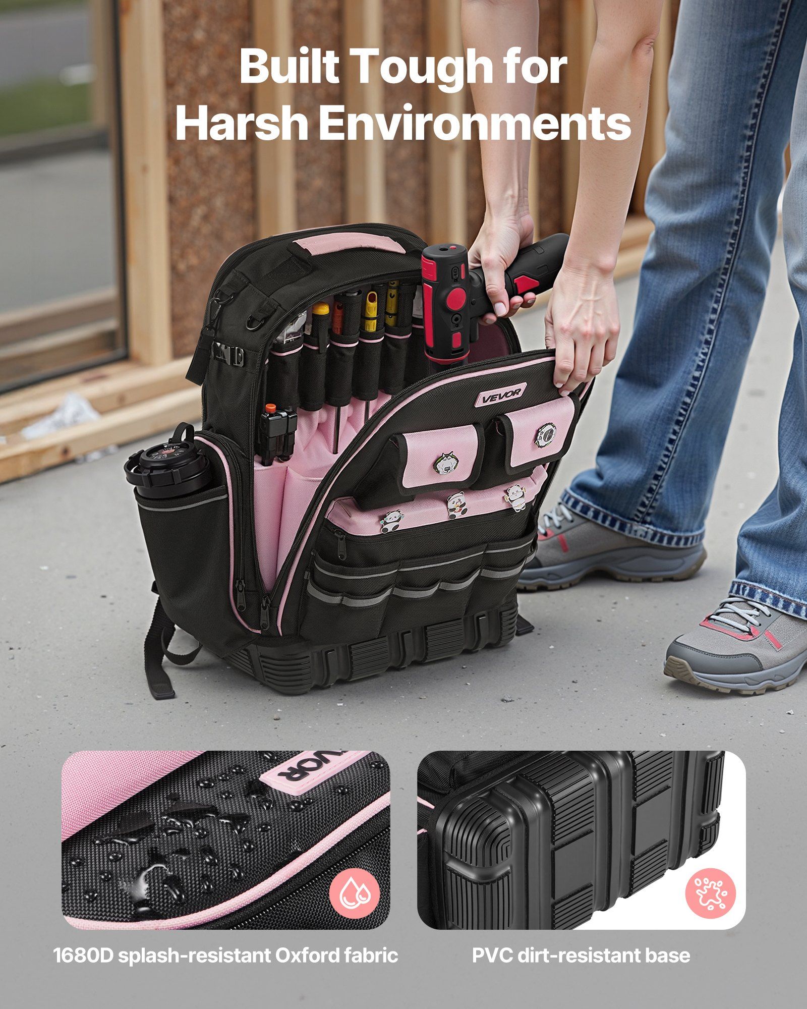Tool Backpack, 56 Pockets, Heavy-duty Tools Storage Organizer Work Bags with Laptop Compartment & Molded Base, Electrician Jobsite Backpack for Electrician, Repairman, and HVAC Techs - Image 3