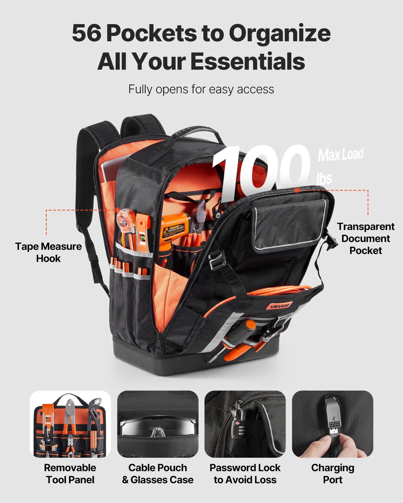 Tool Backpack, 56 Pockets, Heavy-duty Tools Storage Organizer Bags with Molded Base, Electrician Jobsite Backpack for Construction Jobsite, Electrician, Industrial, Repairman, and HVAC Techs - Image 2