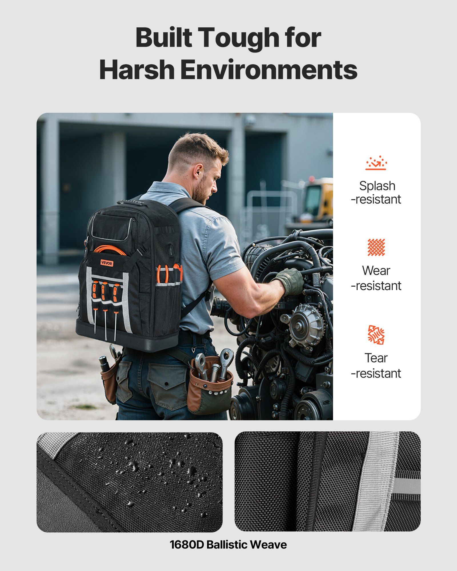 Tool Backpack, 56 Pockets, Heavy-duty Tools Storage Organizer Bags with Molded Base, Electrician Jobsite Backpack for Construction Jobsite, Electrician, Industrial, Repairman, and HVAC Techs - Image 3