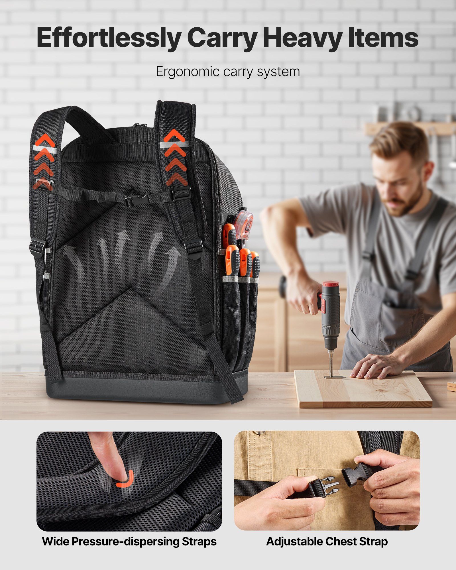 Tool Backpack, 56 Pockets, Heavy-duty Tools Storage Organizer Bags with Molded Base, Electrician Jobsite Backpack for Construction Jobsite, Electrician, Industrial, Repairman, and HVAC Techs - Image 4