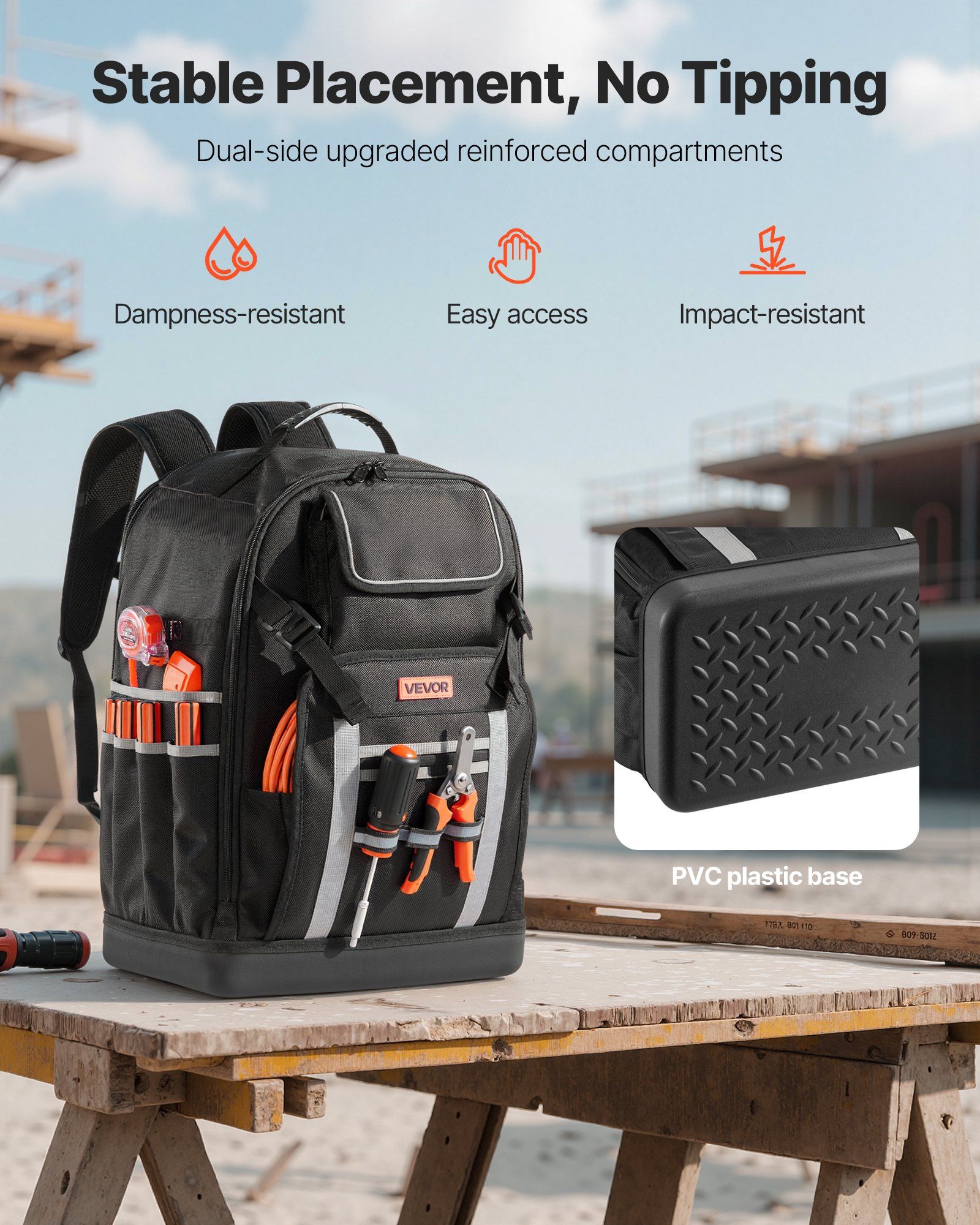 Tool Backpack, 56 Pockets, Heavy-duty Tools Storage Organizer Bags with Molded Base, Electrician Jobsite Backpack for Construction Jobsite, Electrician, Industrial, Repairman, and HVAC Techs - Image 5