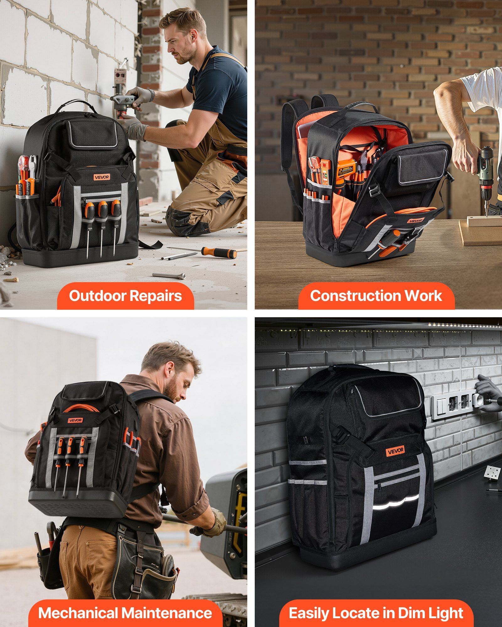 Tool Backpack, 56 Pockets, Heavy-duty Tools Storage Organizer Bags with Molded Base, Electrician Jobsite Backpack for Construction Jobsite, Electrician, Industrial, Repairman, and HVAC Techs - Image 6