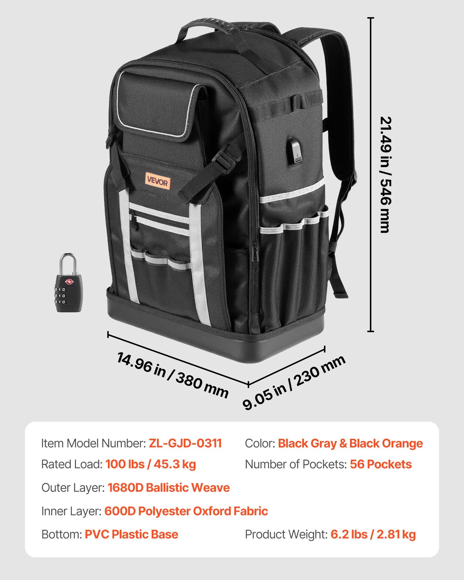 Tool Backpack, 56 Pockets, Heavy-duty Tools Storage Organizer Bags with Molded Base, Electrician Jobsite Backpack for Construction Jobsite, Electrician, Industrial, Repairman, and HVAC Techs - Image 7