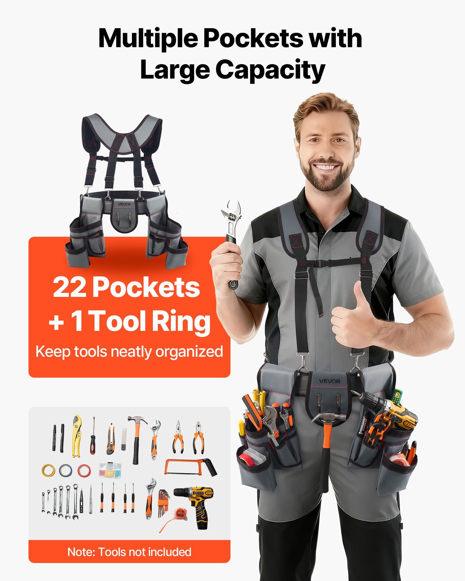 Tool Belt, 22 Pockets Tool Pouch with Suspenders for Men, Heavy Duty Adjustable Utility Belt Bag Suspenders for Electrician, Carpenter, Construction, Work Apron Organizer Waist Adjust 81-173 cm - Image 2