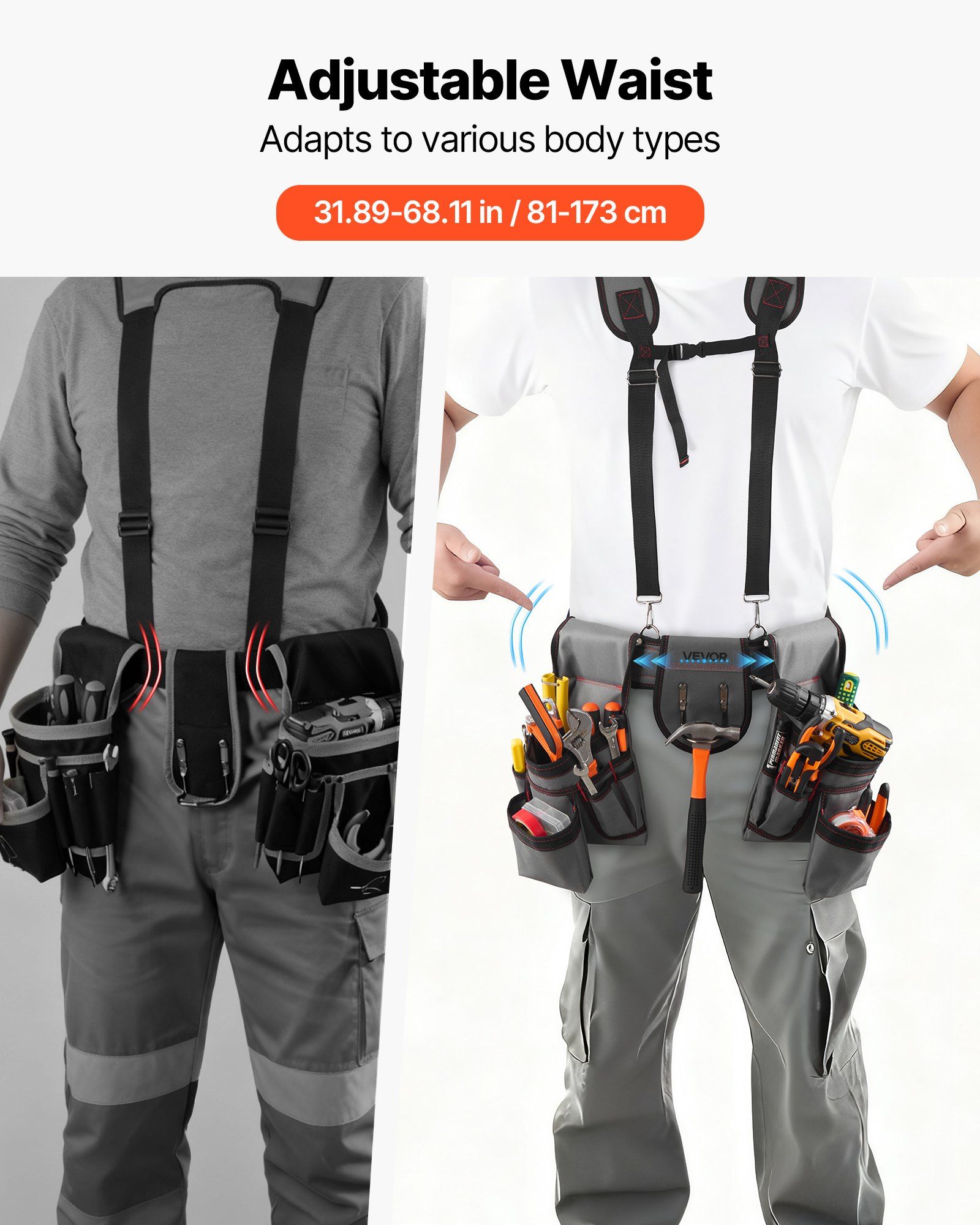 Tool Belt, 22 Pockets Tool Pouch with Suspenders for Men, Heavy Duty Adjustable Utility Belt Bag Suspenders for Electrician, Carpenter, Construction, Work Apron Organizer Waist Adjust 81-173 cm - Image 3