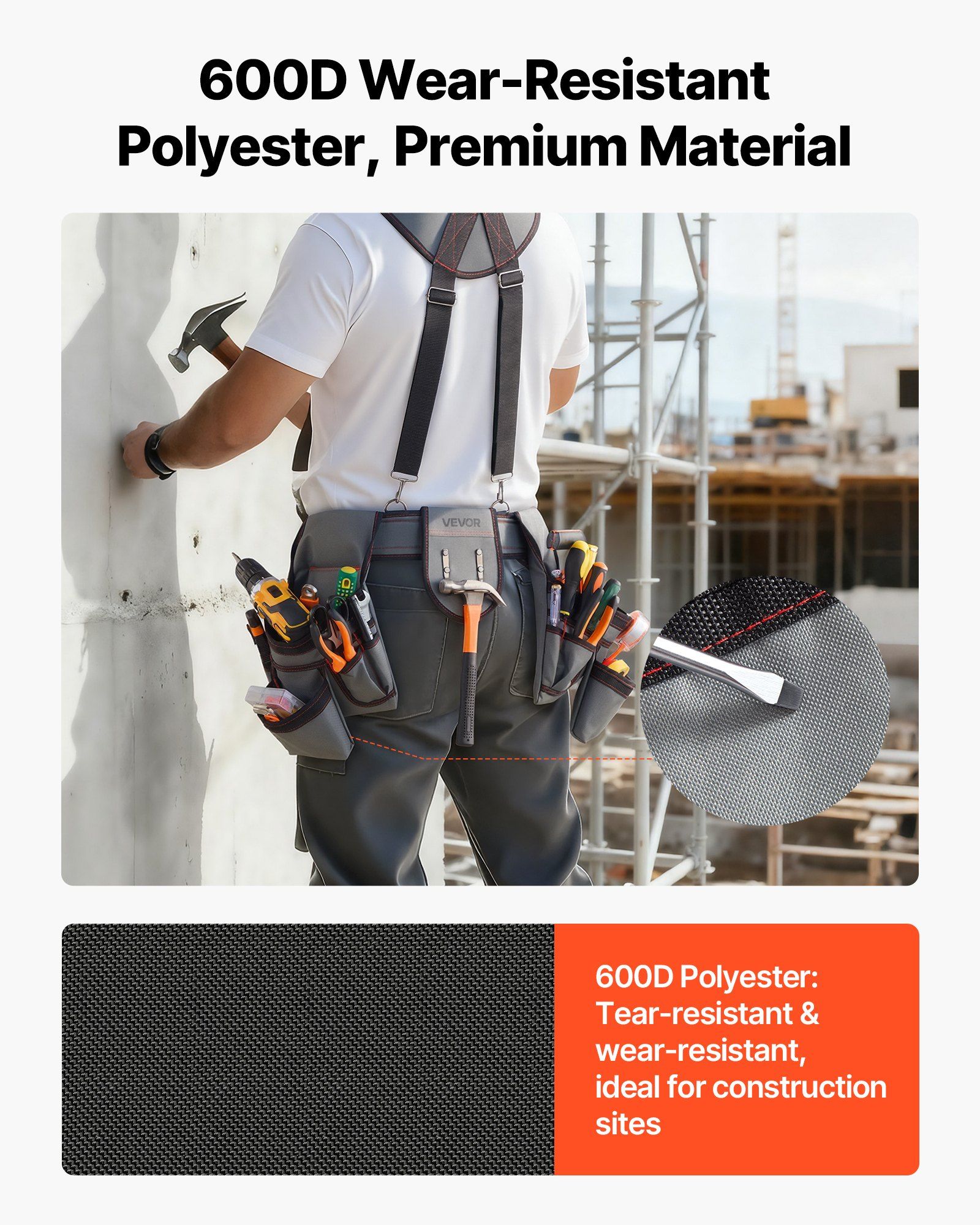 Tool Belt, 22 Pockets Tool Pouch with Suspenders for Men, Heavy Duty Adjustable Utility Belt Bag Suspenders for Electrician, Carpenter, Construction, Work Apron Organizer Waist Adjust 81-173 cm - Image 5