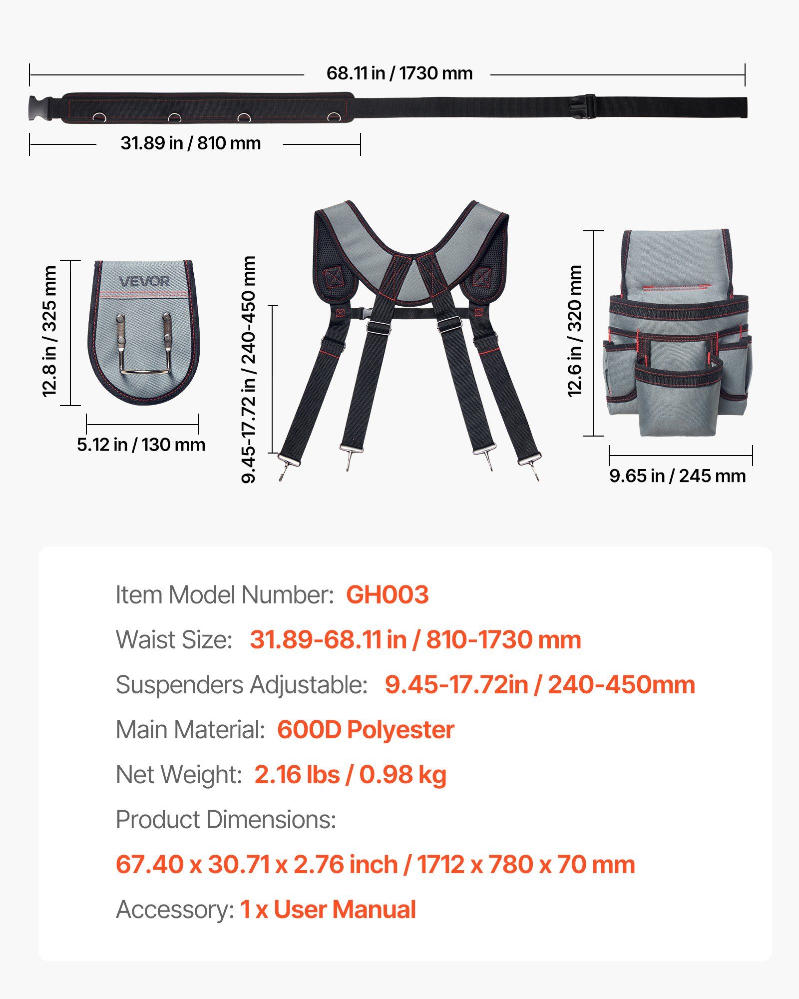 Tool Belt, 22 Pockets Tool Pouch with Suspenders for Men, Heavy Duty Adjustable Utility Belt Bag Suspenders for Electrician, Carpenter, Construction, Work Apron Organizer Waist Adjust 81-173 cm - Image 7