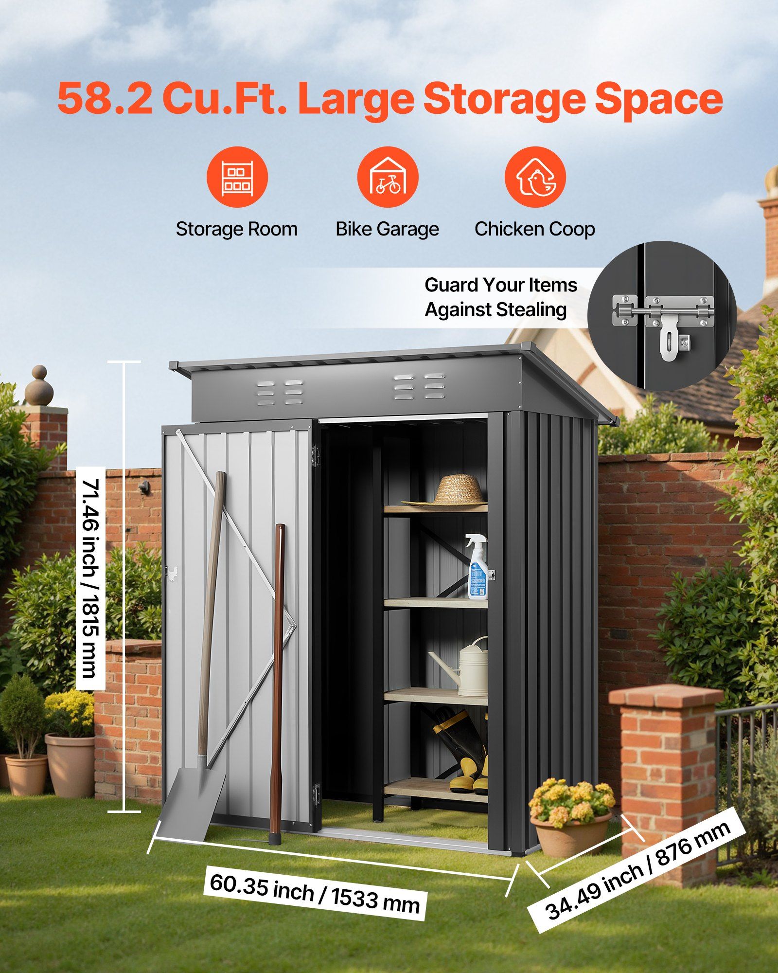 1533 x 876 x 1815 mm Metal Garden Shed, Storage Building with Lockable Door & 2 Louver Vents, Sloped Roof Metal Outdoor Storage Shed, Tool Sheds Outdoor Storage for Backyard, Garden, Patio - Image 2