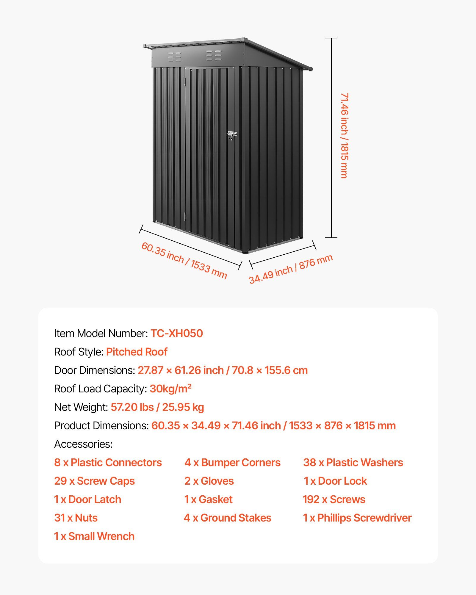 1533 x 876 x 1815 mm Metal Garden Shed, Storage Building with Lockable Door & 2 Louver Vents, Sloped Roof Metal Outdoor Storage Shed, Tool Sheds Outdoor Storage for Backyard, Garden, Patio - Image 7