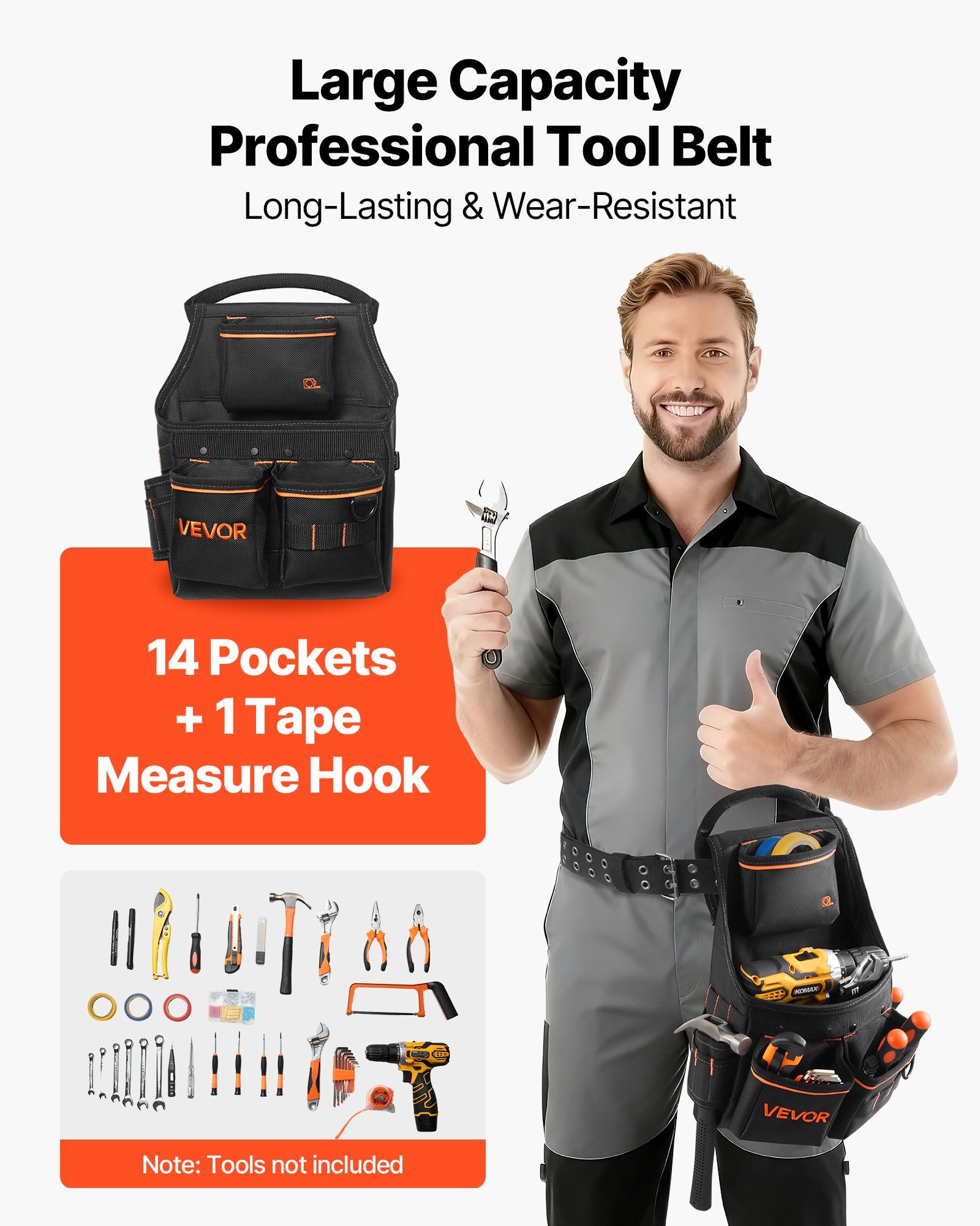 Tool Pouch with Belt, 14 Pockets Professional Tool Belt Pouch for Men, Heavy Duty Detachable Adjustable Utility Work Bag for Electrician, Carpenter, Construction, Adjusts Waist 83 cm to 127 cm - Image 2