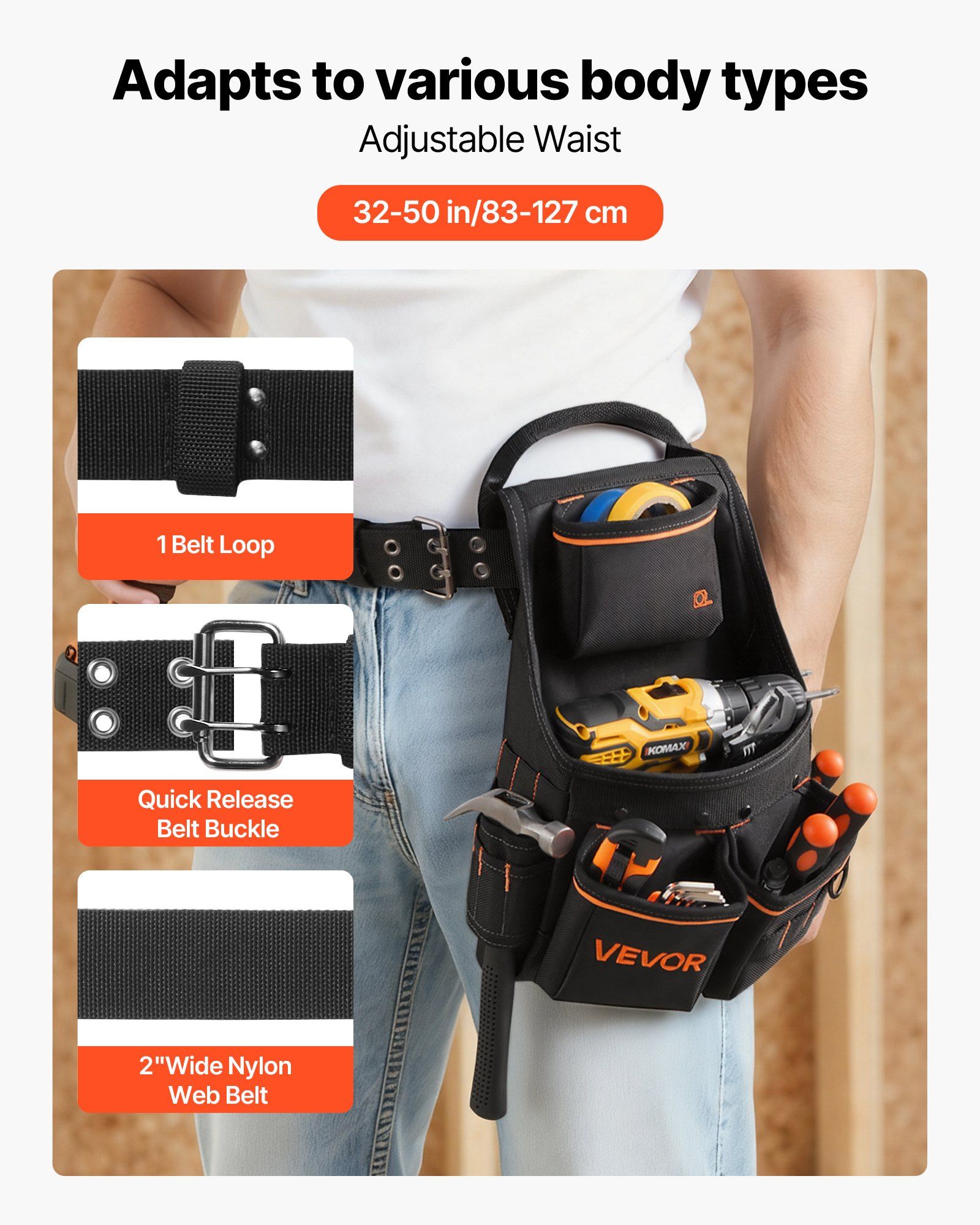 Tool Pouch with Belt, 14 Pockets Professional Tool Belt Pouch for Men, Heavy Duty Detachable Adjustable Utility Work Bag for Electrician, Carpenter, Construction, Adjusts Waist 83 cm to 127 cm - Image 3
