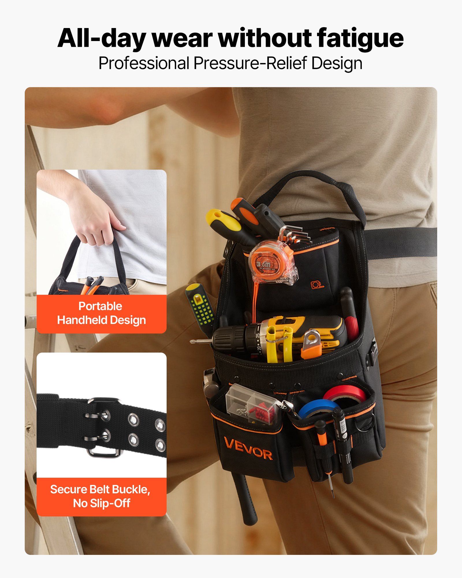 Tool Pouch with Belt, 14 Pockets Professional Tool Belt Pouch for Men, Heavy Duty Detachable Adjustable Utility Work Bag for Electrician, Carpenter, Construction, Adjusts Waist 83 cm to 127 cm - Image 4