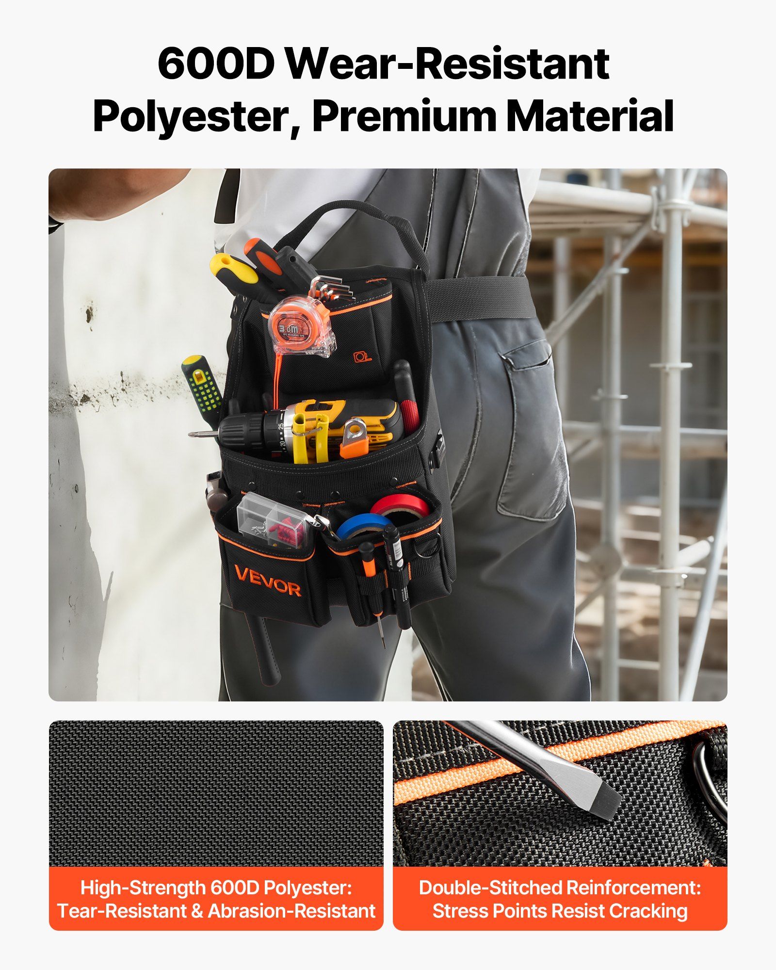 Tool Pouch with Belt, 14 Pockets Professional Tool Belt Pouch for Men, Heavy Duty Detachable Adjustable Utility Work Bag for Electrician, Carpenter, Construction, Adjusts Waist 83 cm to 127 cm - Image 5