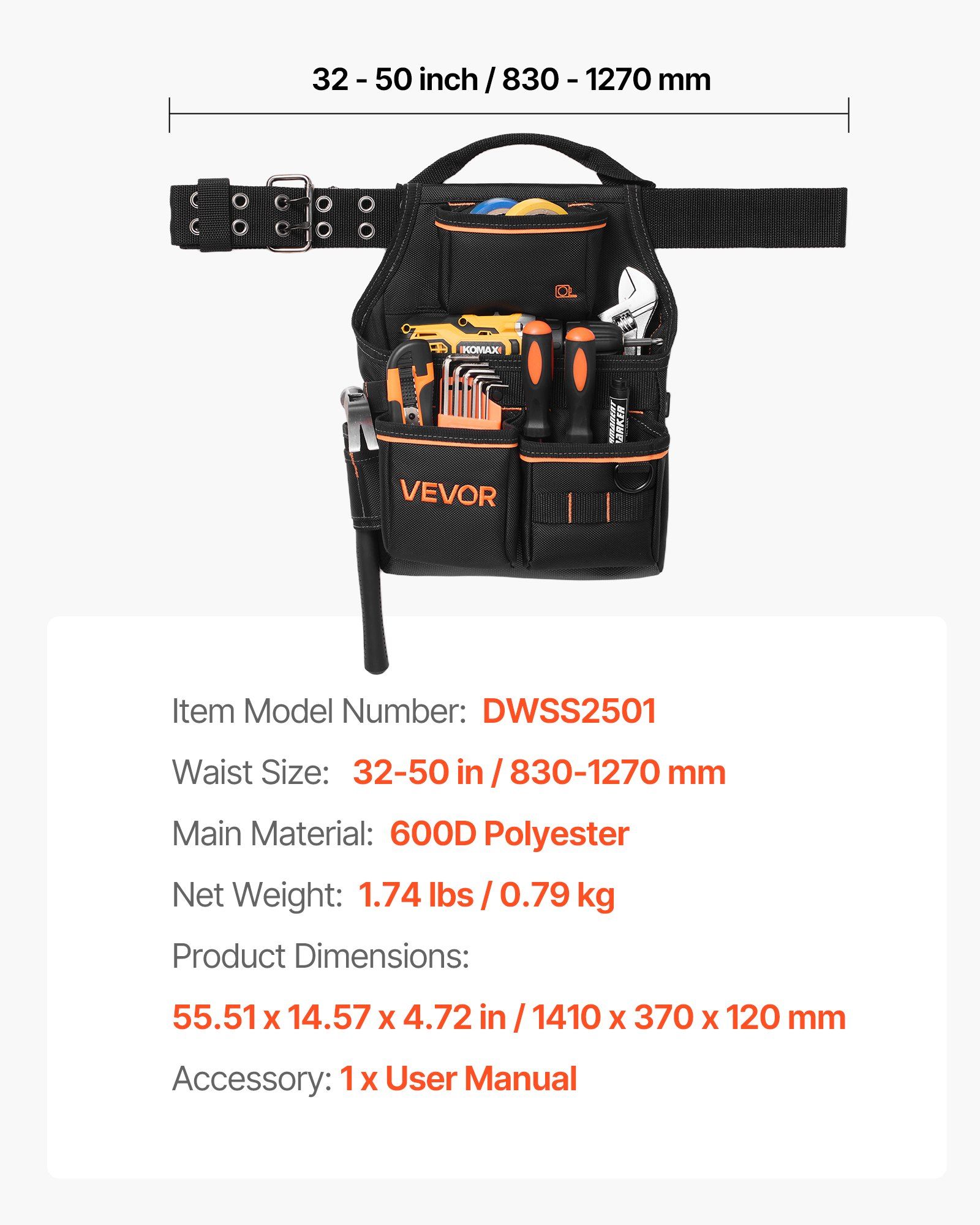 Tool Pouch with Belt, 14 Pockets Professional Tool Belt Pouch for Men, Heavy Duty Detachable Adjustable Utility Work Bag for Electrician, Carpenter, Construction, Adjusts Waist 83 cm to 127 cm - Image 7