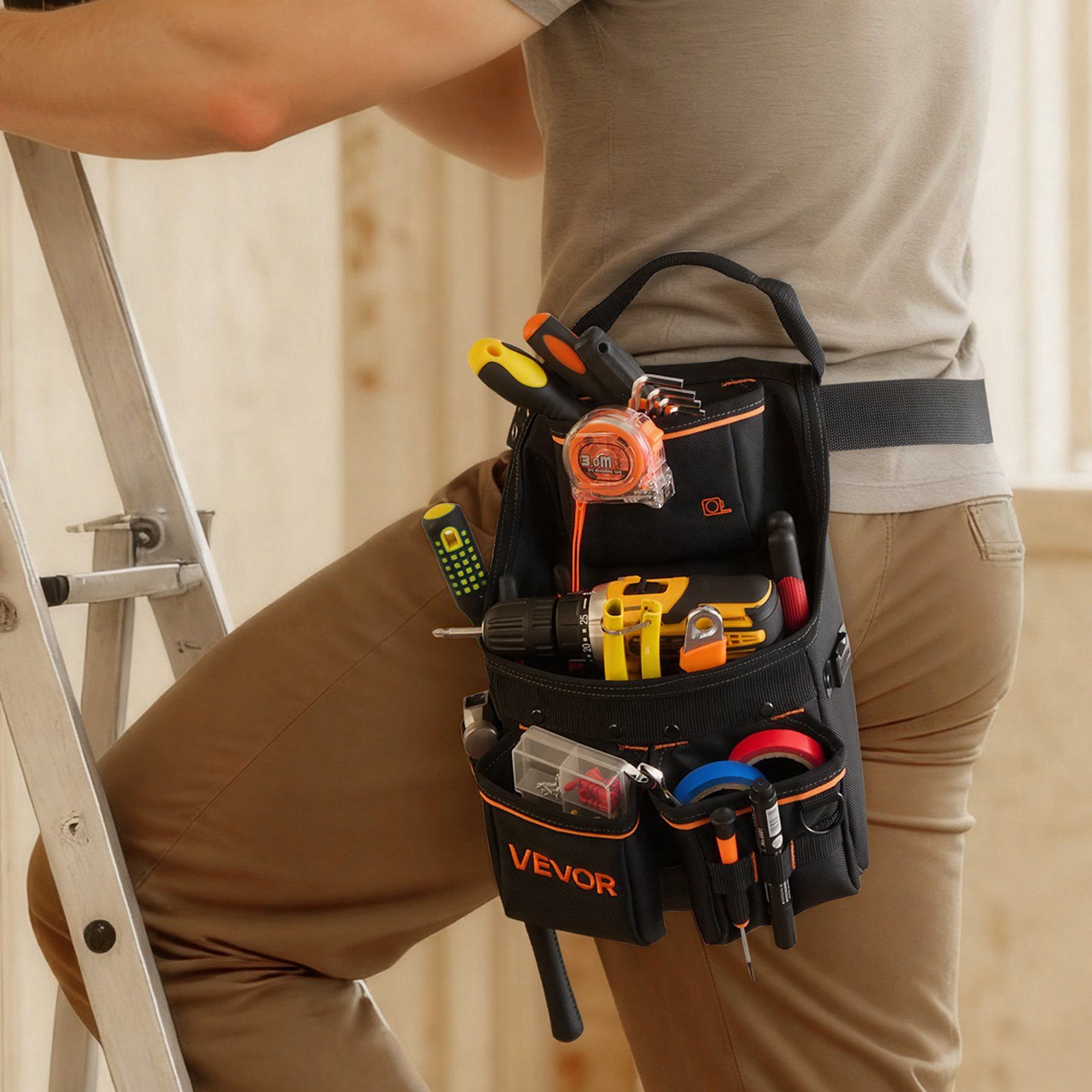 Tool Pouch with Belt, 14 Pockets Professional Tool Belt Pouch for Men, Heavy Duty Detachable Adjustable Utility Work Bag for Electrician, Carpenter, Construction, Adjusts Waist 83 cm to 127 cm - Image 8