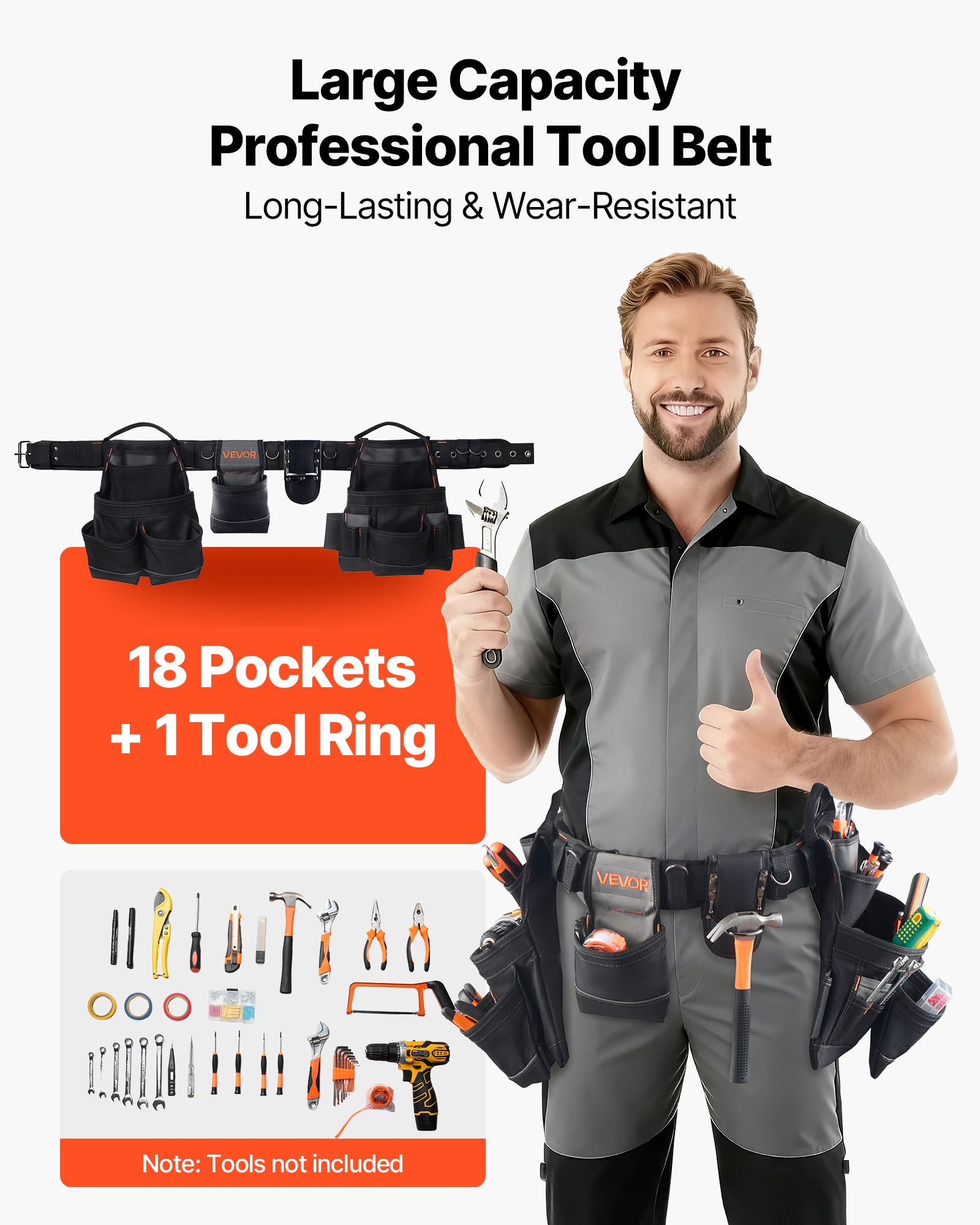 Tool Belt, 18 Pockets Professional Tool Pouch for Men, Heavy Duty Adjustable Utility Belt Detachable Work Bag for Electrician, Carpenter, Construction, Work Apron Organizer, Adjusts 80-131 cm - Image 2