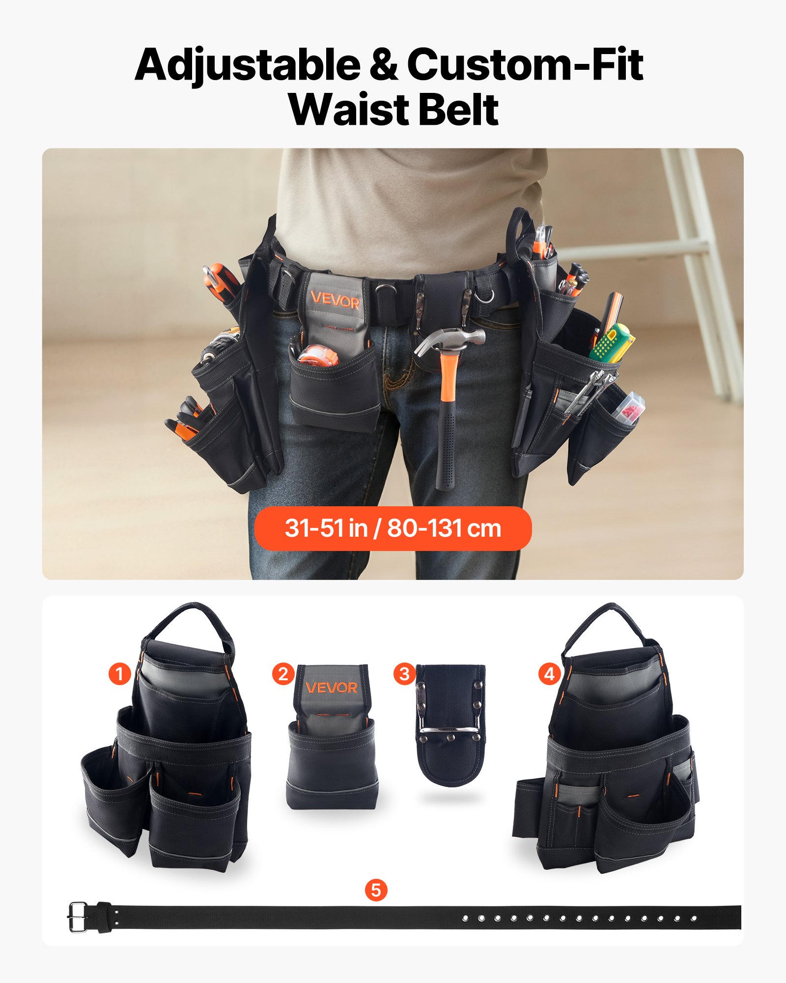 Tool Belt, 18 Pockets Professional Tool Pouch for Men, Heavy Duty Adjustable Utility Belt Detachable Work Bag for Electrician, Carpenter, Construction, Work Apron Organizer, Adjusts 80-131 cm - Image 3