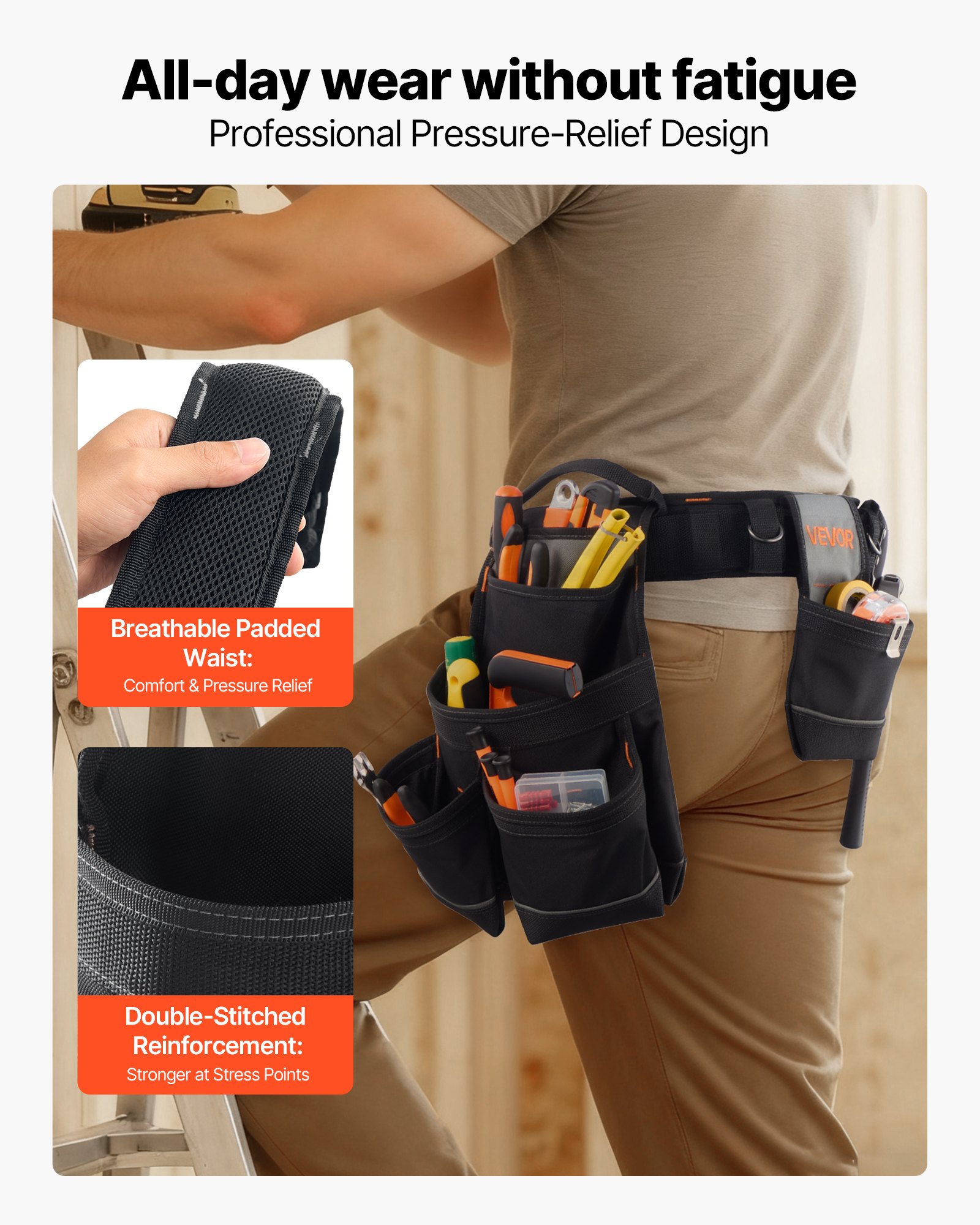 Tool Belt, 18 Pockets Professional Tool Pouch for Men, Heavy Duty Adjustable Utility Belt Detachable Work Bag for Electrician, Carpenter, Construction, Work Apron Organizer, Adjusts 80-131 cm - Image 4