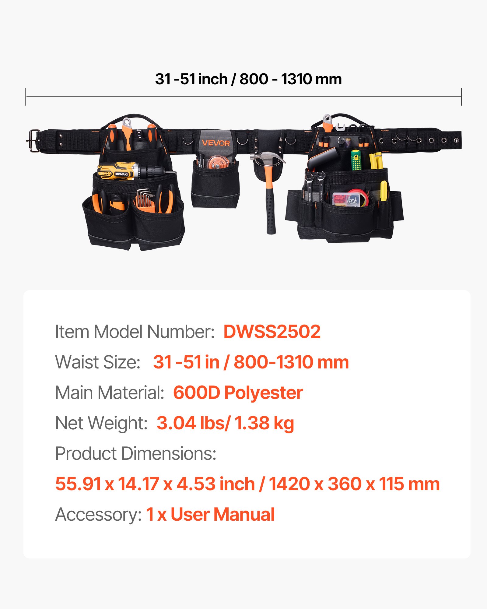 Tool Belt, 18 Pockets Professional Tool Pouch for Men, Heavy Duty Adjustable Utility Belt Detachable Work Bag for Electrician, Carpenter, Construction, Work Apron Organizer, Adjusts 80-131 cm - Image 7