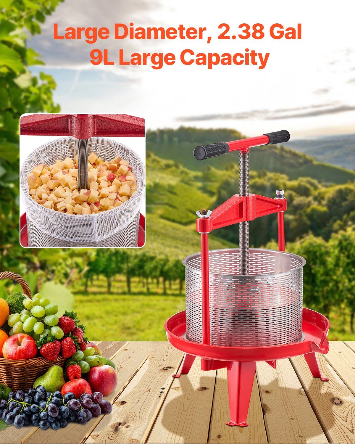 2.38 Gal/9L Fruit Wine Press, Stainless Steel Basket with Cross-beam and Triangular Structure, Manual Juice Maker, Cider Apple Grape Tincture Making Press with T-Handle for Kitchen Home - Image 2