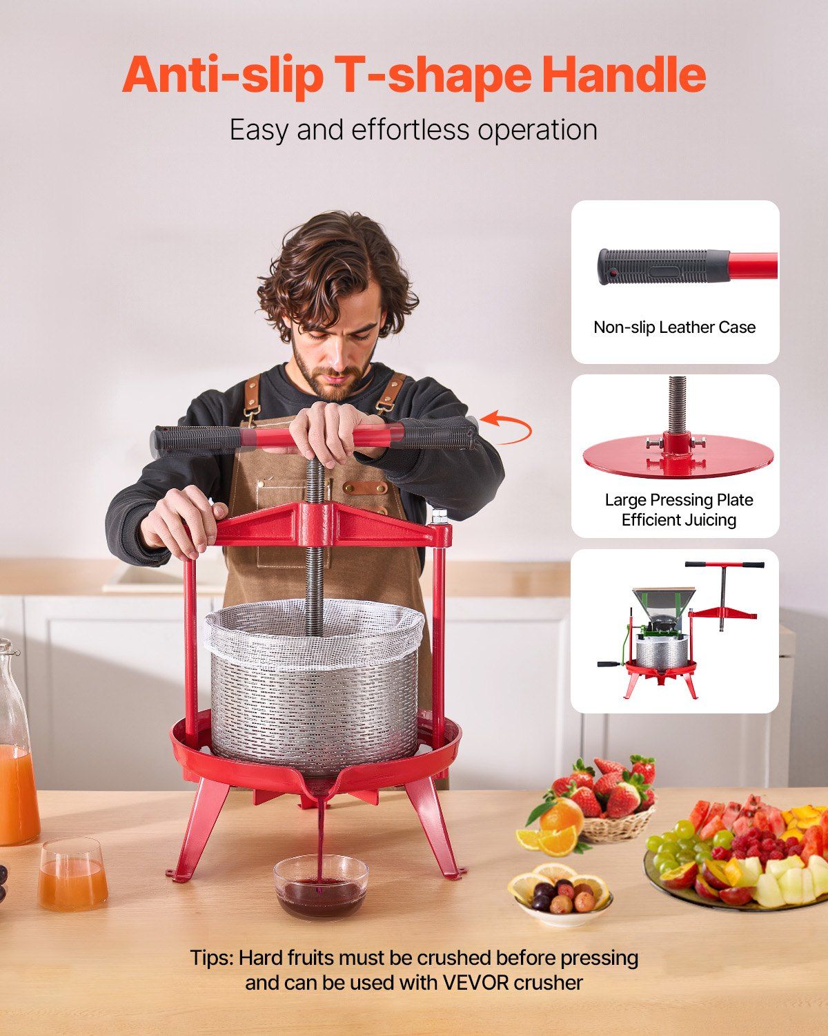 2.38 Gal/9L Fruit Wine Press, Stainless Steel Basket with Cross-beam and Triangular Structure, Manual Juice Maker, Cider Apple Grape Tincture Making Press with T-Handle for Kitchen Home - Image 3