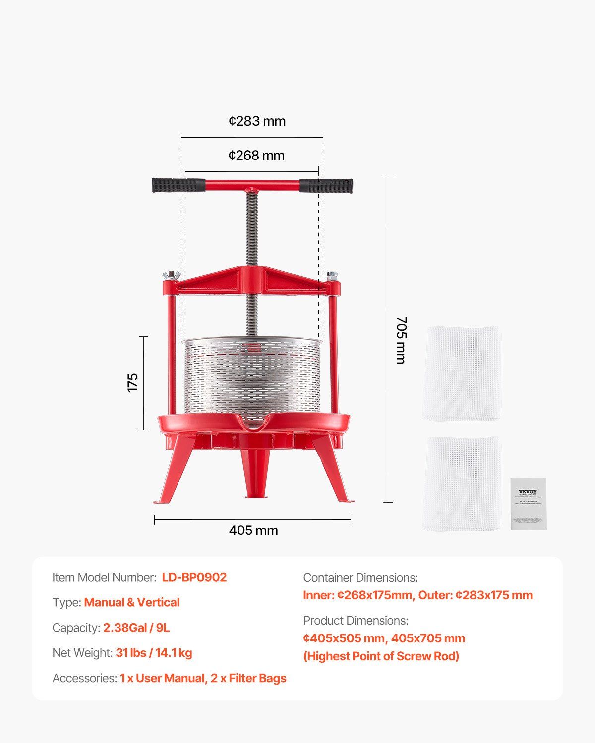 2.38 Gal/9L Fruit Wine Press, Stainless Steel Basket with Cross-beam and Triangular Structure, Manual Juice Maker, Cider Apple Grape Tincture Making Press with T-Handle for Kitchen Home - Image 7