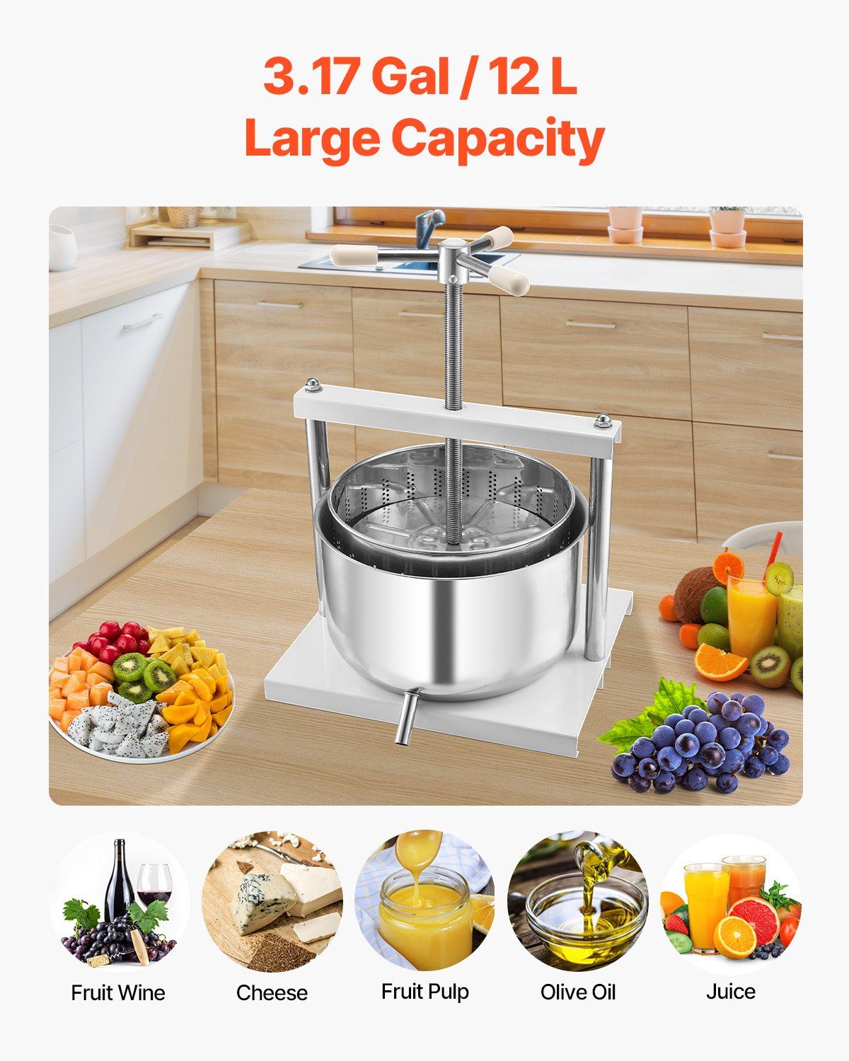 3.17 Gal/12L Fruit Wine Press, 2 Stainless Steel Barrels, Manual Juice Maker, Cider Apple Grape Tincture Honey Olive Oil Making Press with Triangular Handle for Outdoor Kitchen Home - Image 3