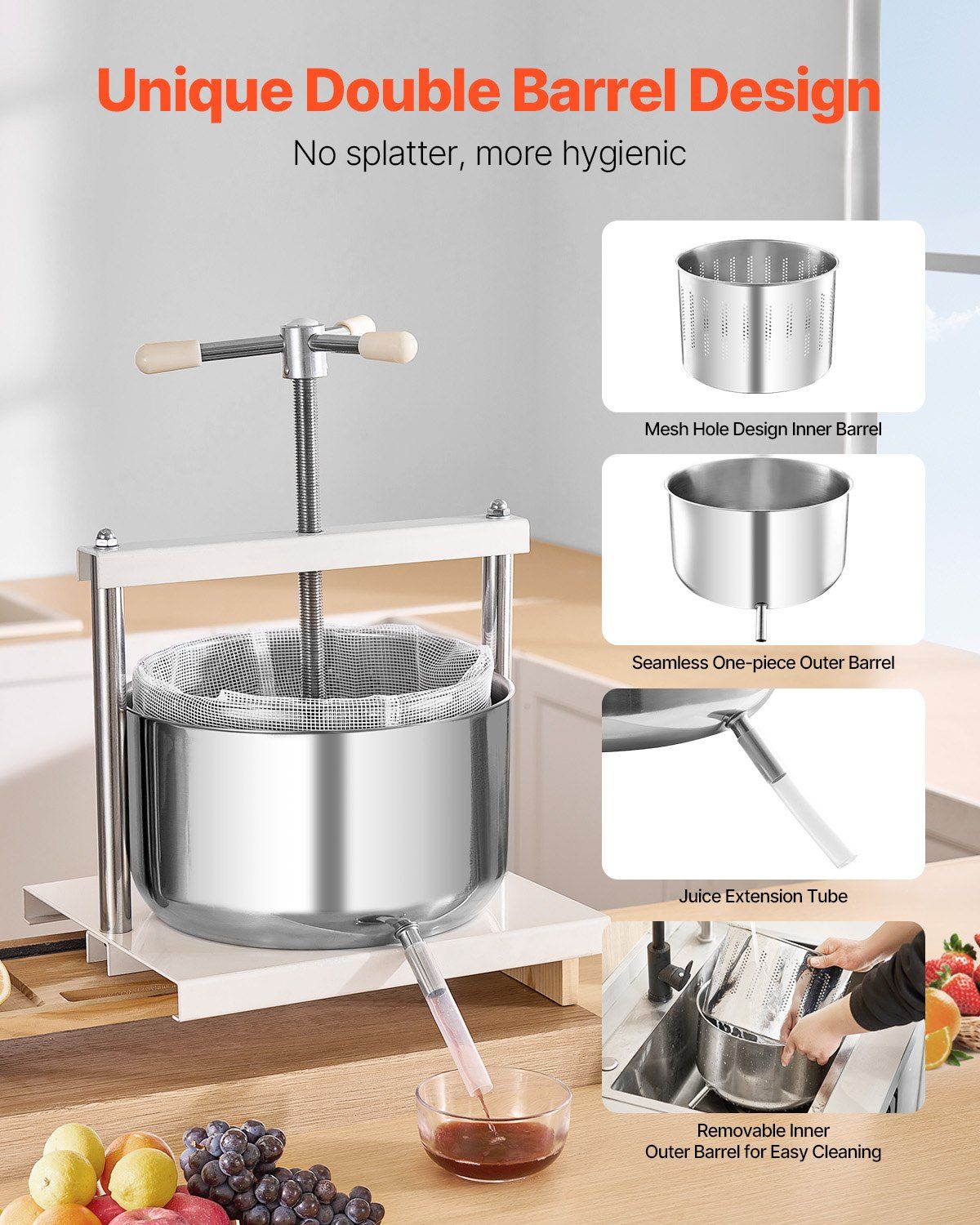 3.17 Gal/12L Fruit Wine Press, 2 Stainless Steel Barrels, Manual Juice Maker, Cider Apple Grape Tincture Honey Olive Oil Making Press with Triangular Handle for Outdoor Kitchen Home - Image 5