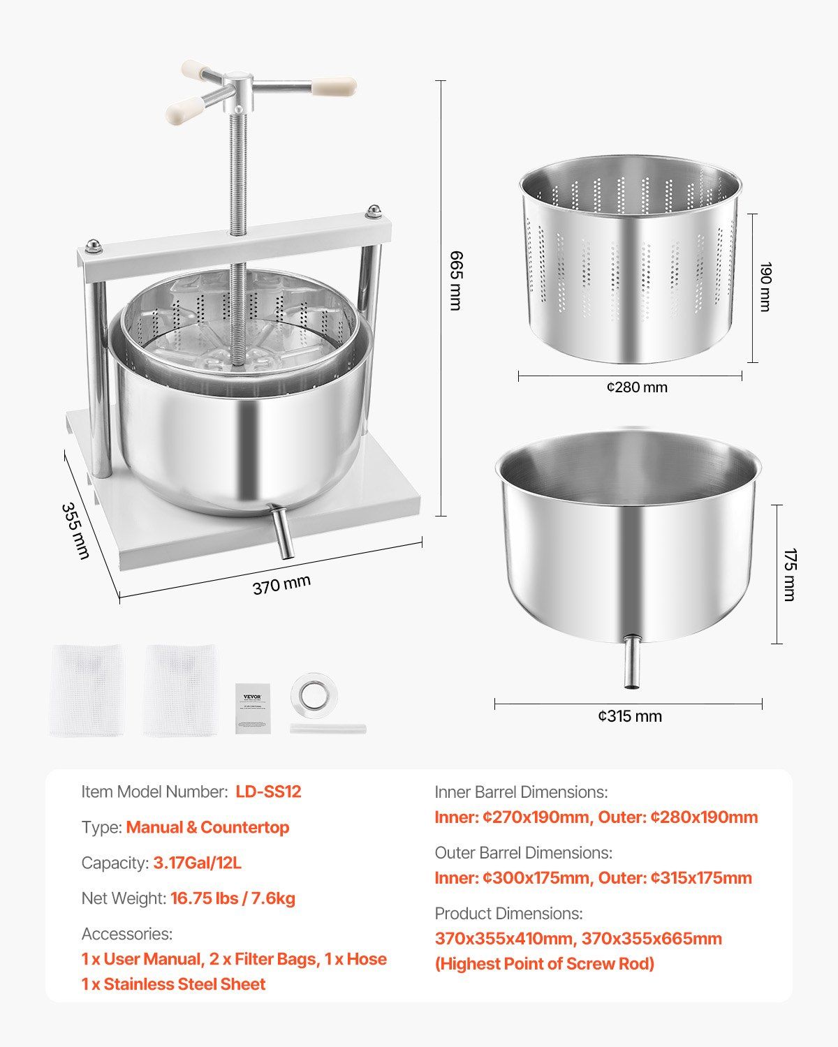 3.17 Gal/12L Fruit Wine Press, 2 Stainless Steel Barrels, Manual Juice Maker, Cider Apple Grape Tincture Honey Olive Oil Making Press with Triangular Handle for Outdoor Kitchen Home - Image 7