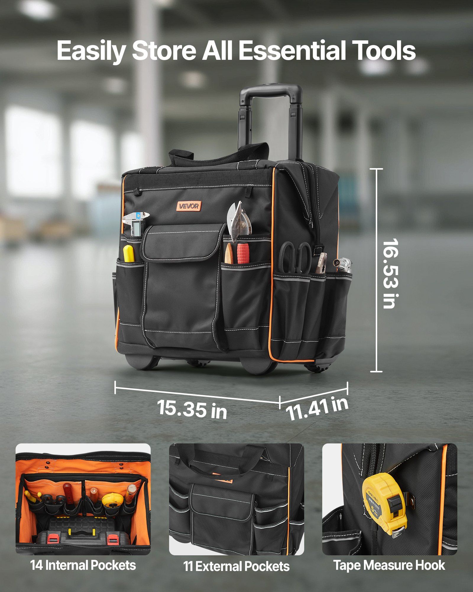 Rolling Tool Bag, 110 lbs Load Capacity, 25 Pockets Heavy Duty Roller Tool Bag on Wheels, Adjustable Telescoping Handle & Stable Base, Toolbag Organizers with Wheels for Construction, Mechanic - Image 2